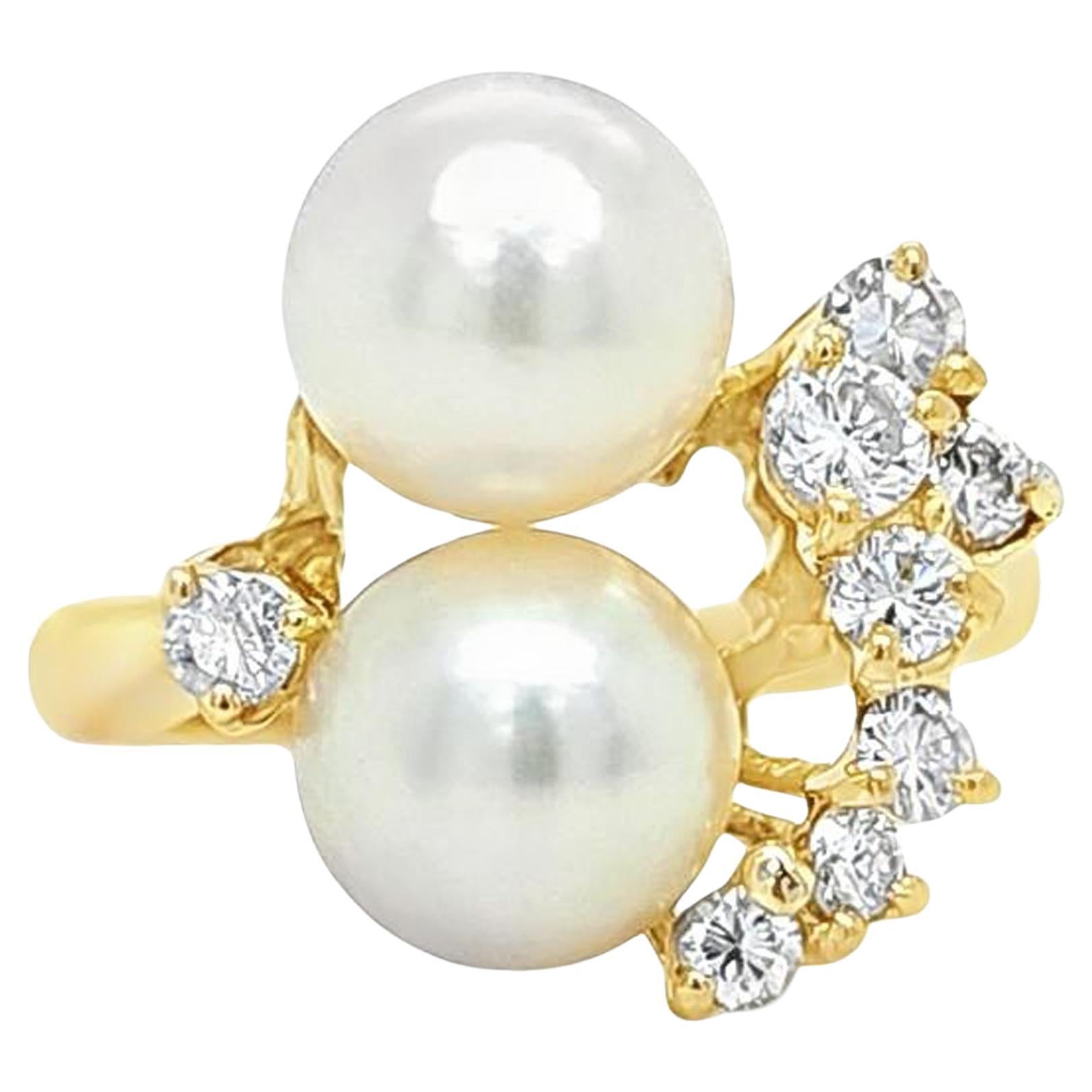 Diamant- und Perlen-Cluster-Ring aus Gelbgold