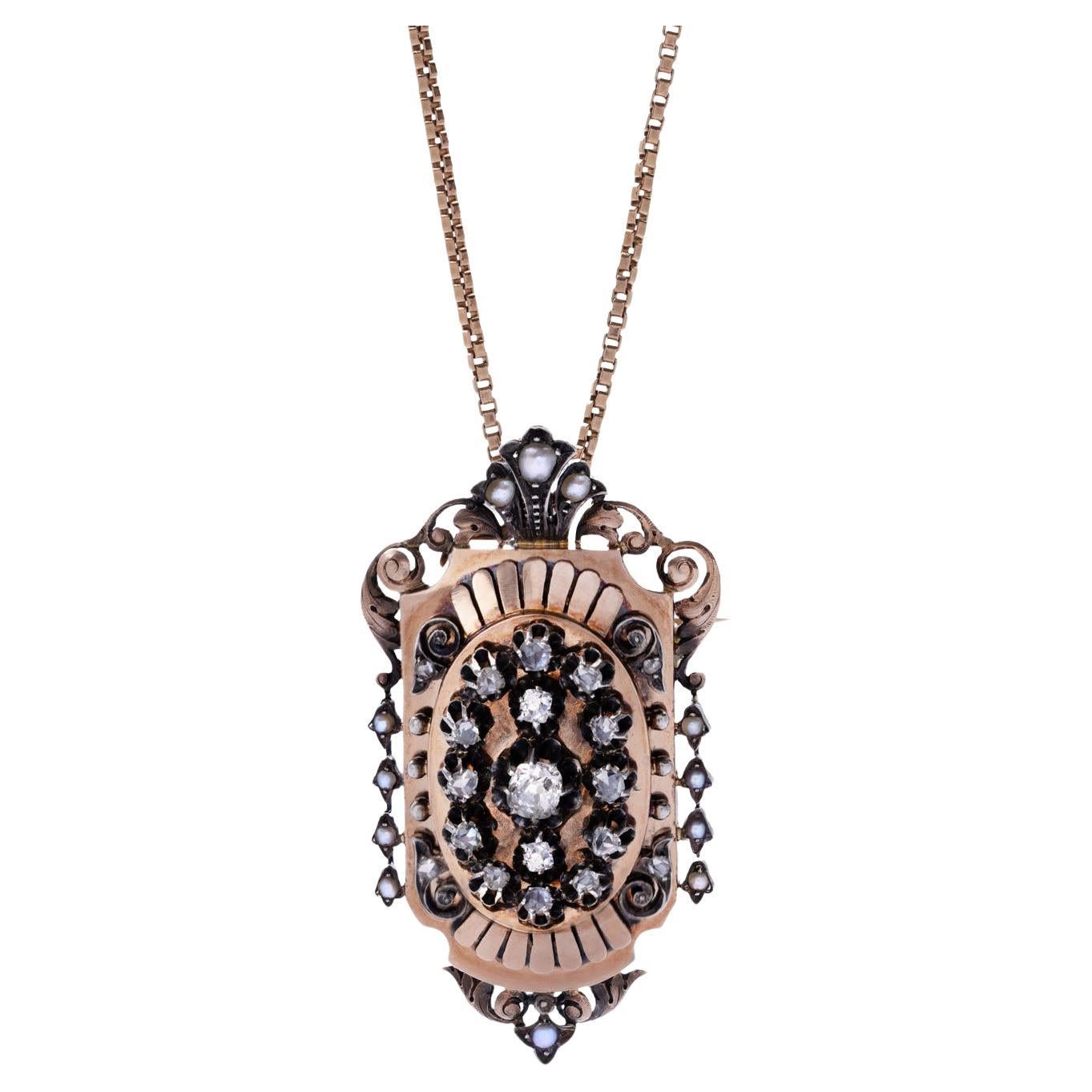 Diamond and Pearl Convertible Pendant/Brooch in Rose Gold and Silver, 0.77 Carat For Sale