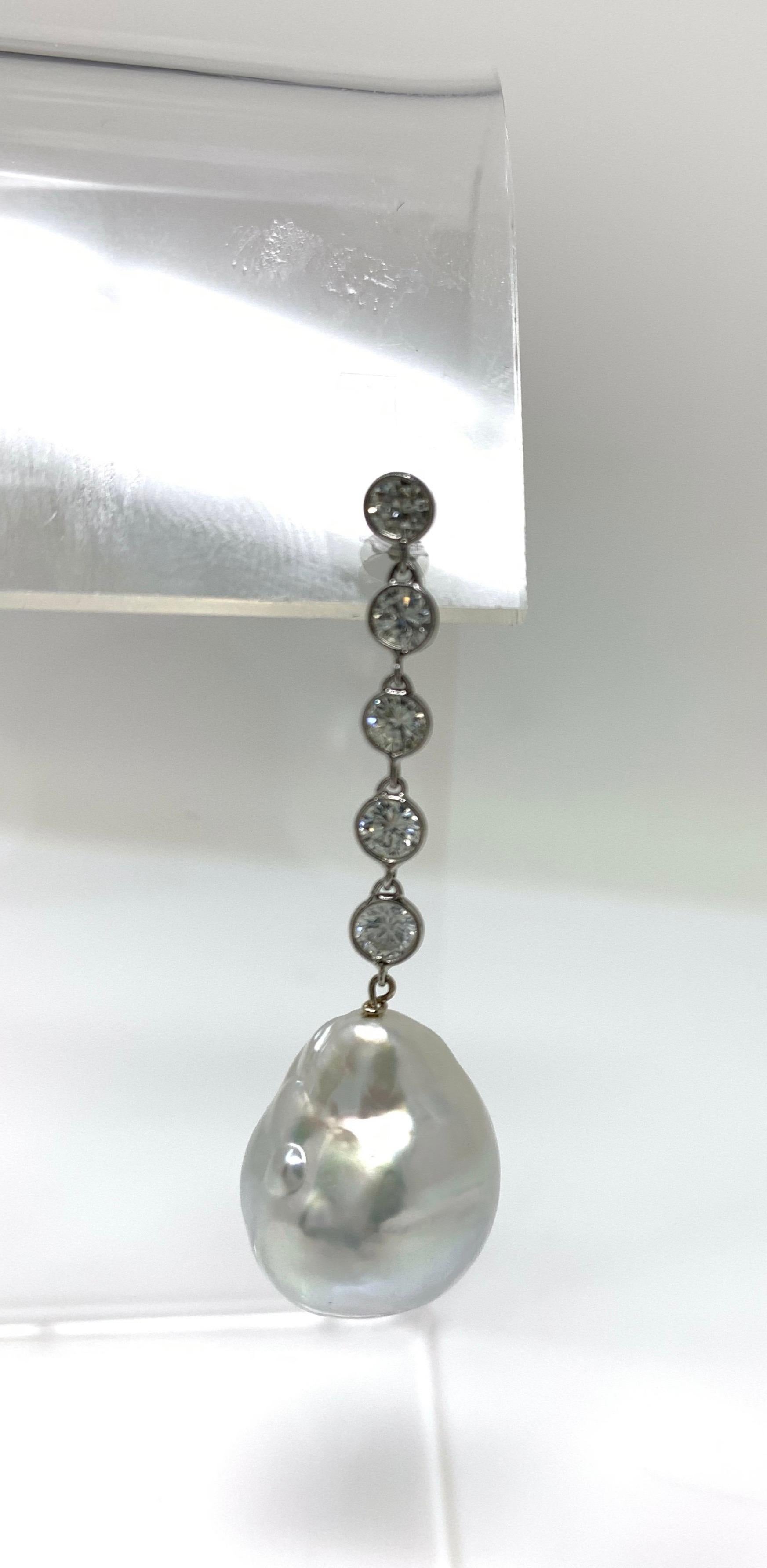 Round Cut Diamond and Pearl Dangle Earrings in Platinum For Sale