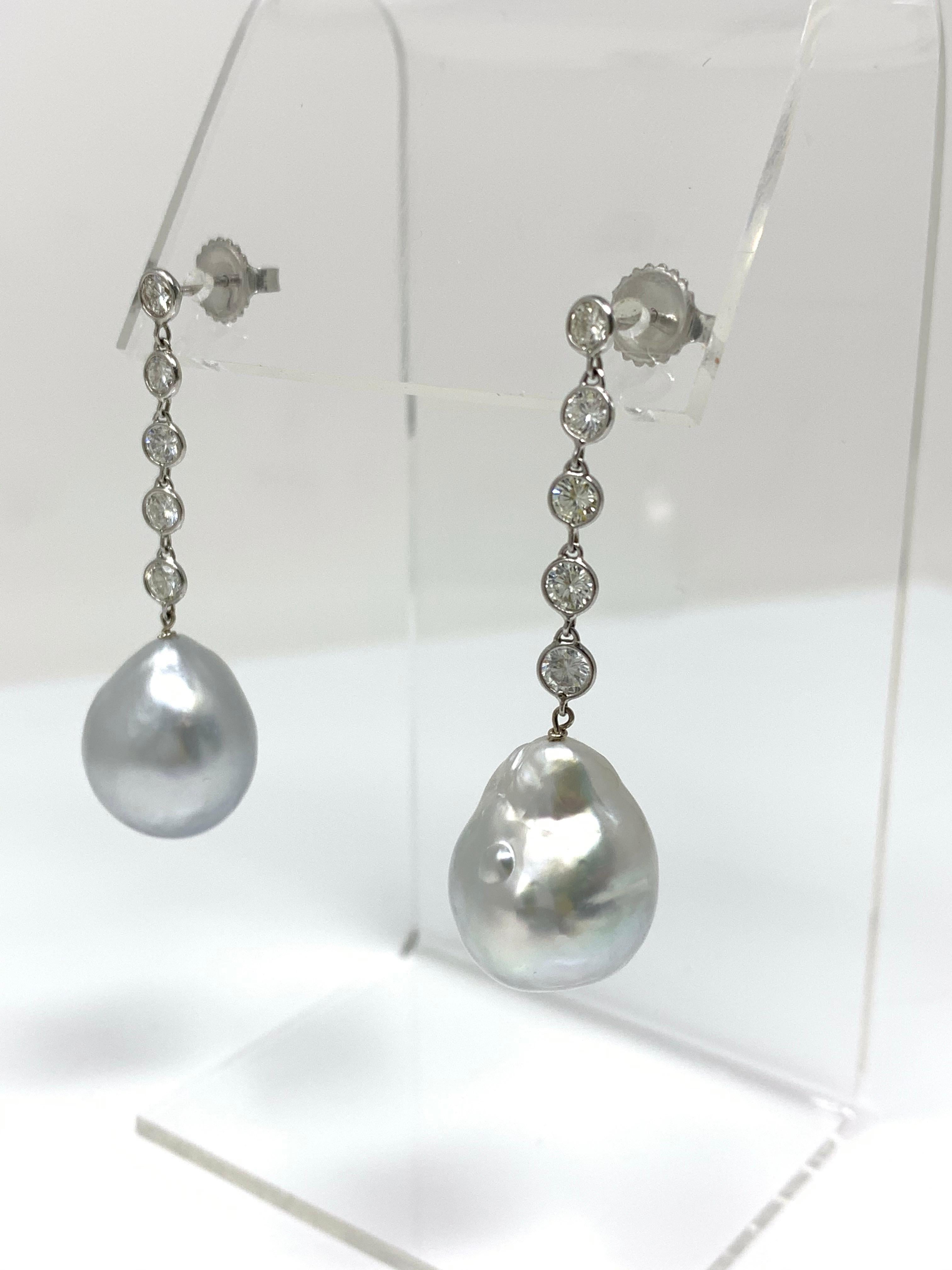 Women's or Men's Diamond and Pearl Dangle Earrings in Platinum For Sale