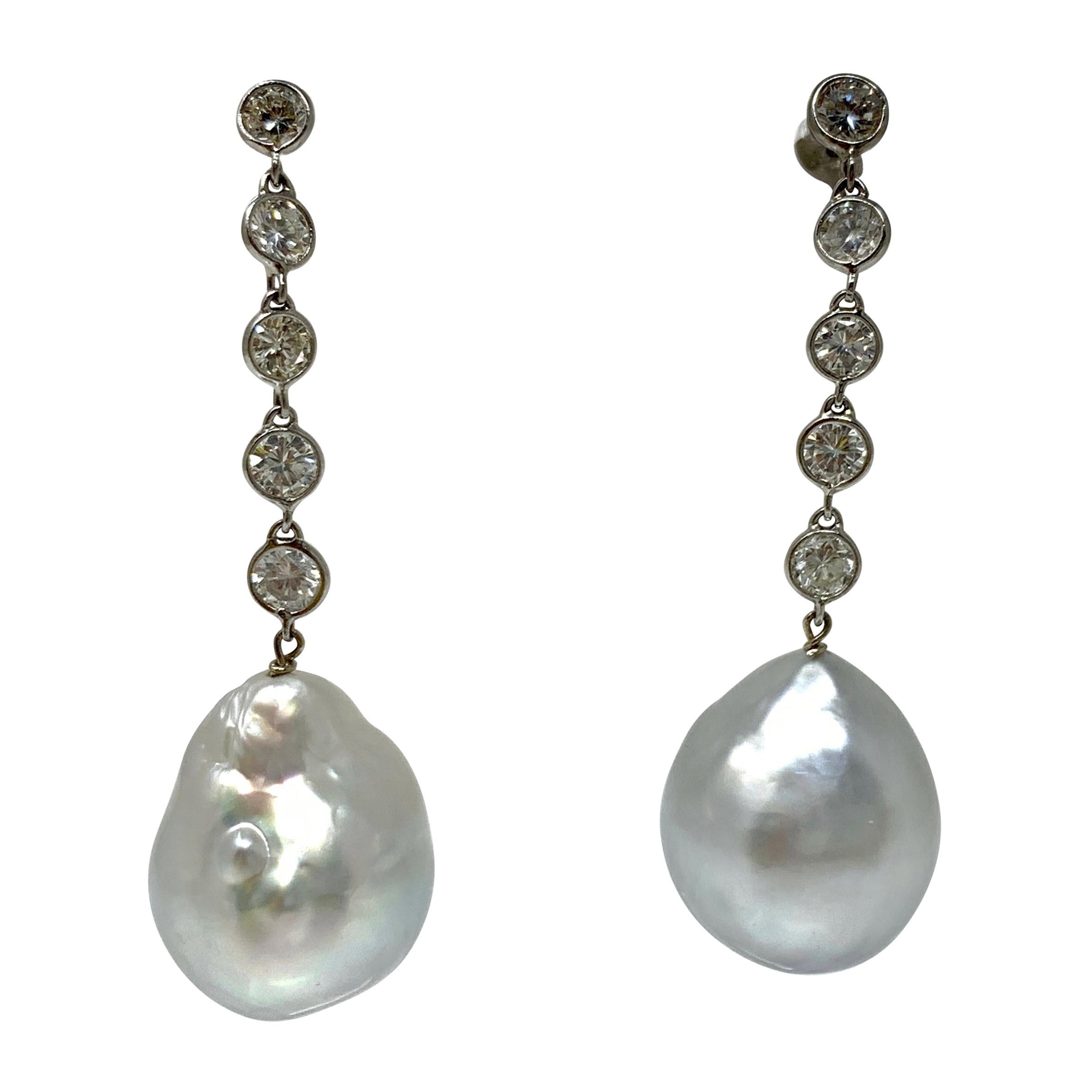 Diamond and Pearl Dangle Earrings in Platinum For Sale