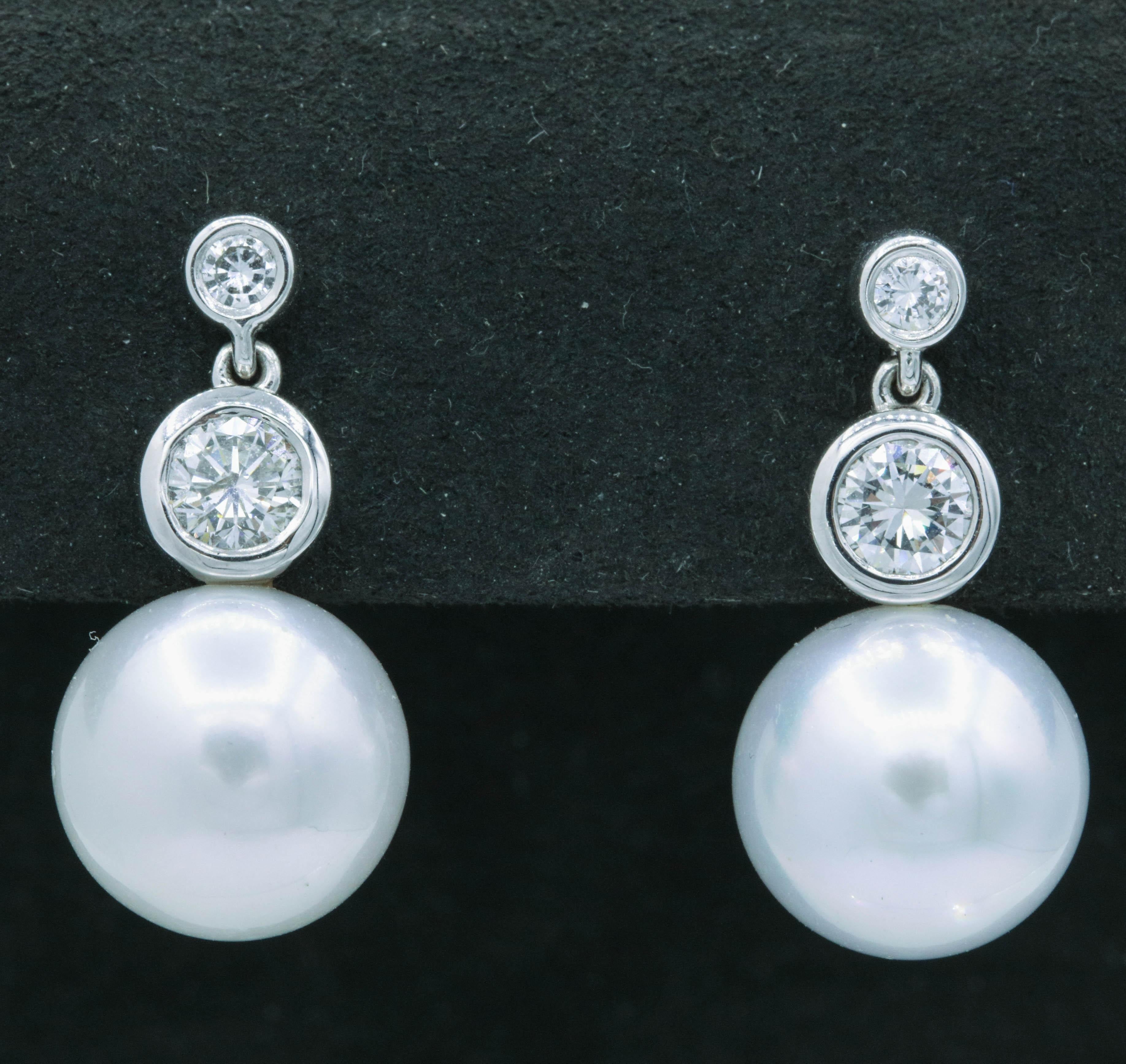 Contemporary Diamond and Pearl Drop Earrings 0.92 Carat 14K White Gold  For Sale