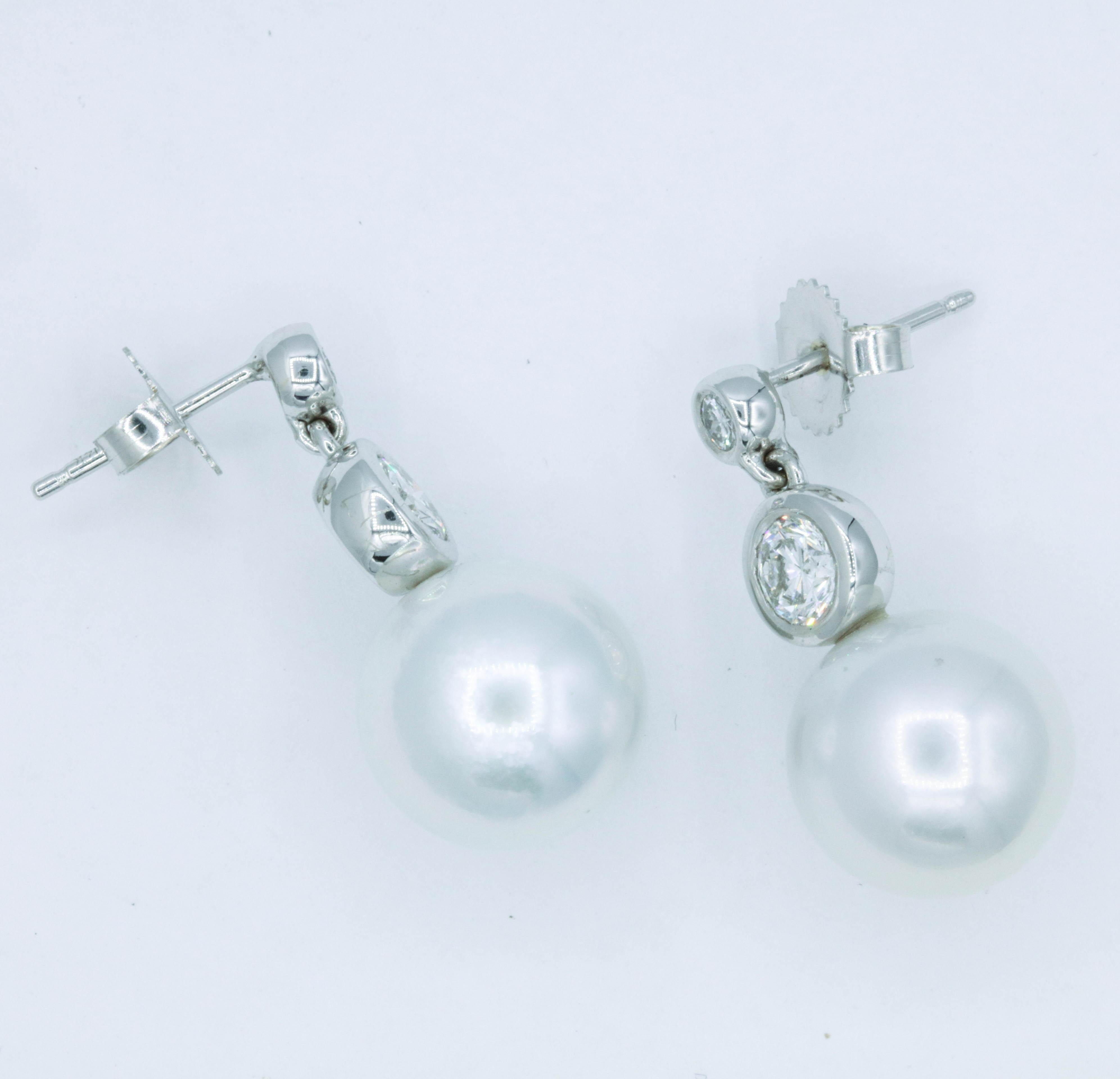 Women's Diamond and Pearl Drop Earrings 0.92 Carat 14K White Gold  For Sale