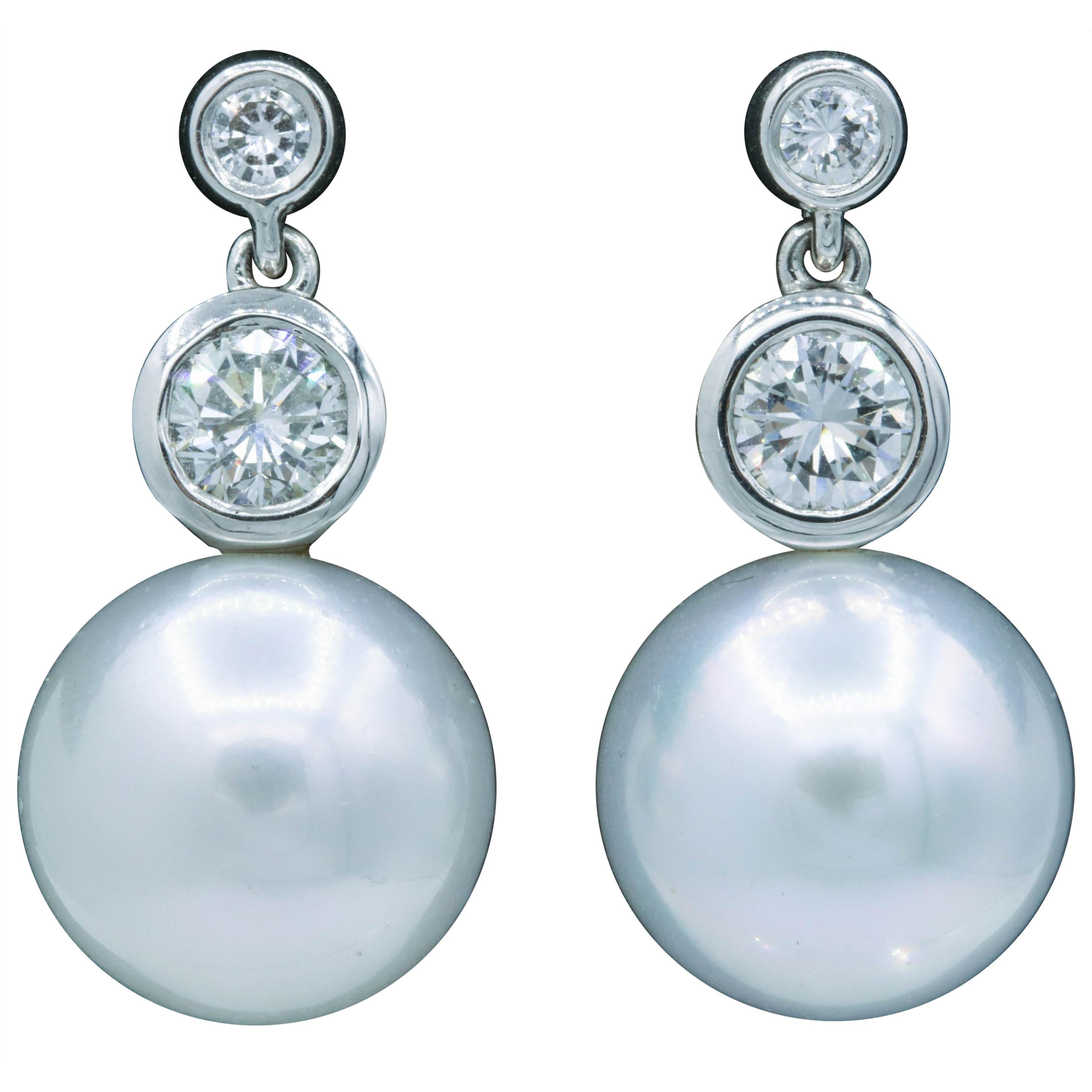 Diamond and Pearl Drop Earrings 0.92 Carat 14K White Gold  For Sale