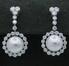 Diamond and Pearl Drop Earrings 1.55 Carat 18K White Gold