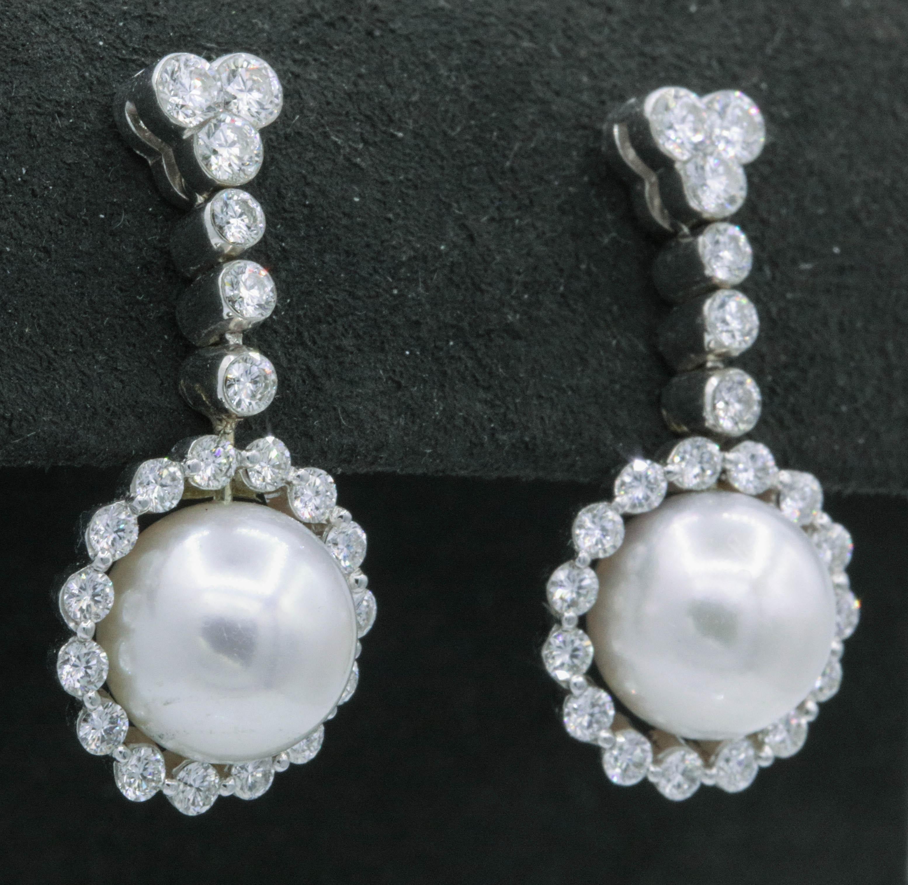 Contemporary Diamond and Pearl Drop Earrings 1.55 Carat 18K White Gold For Sale