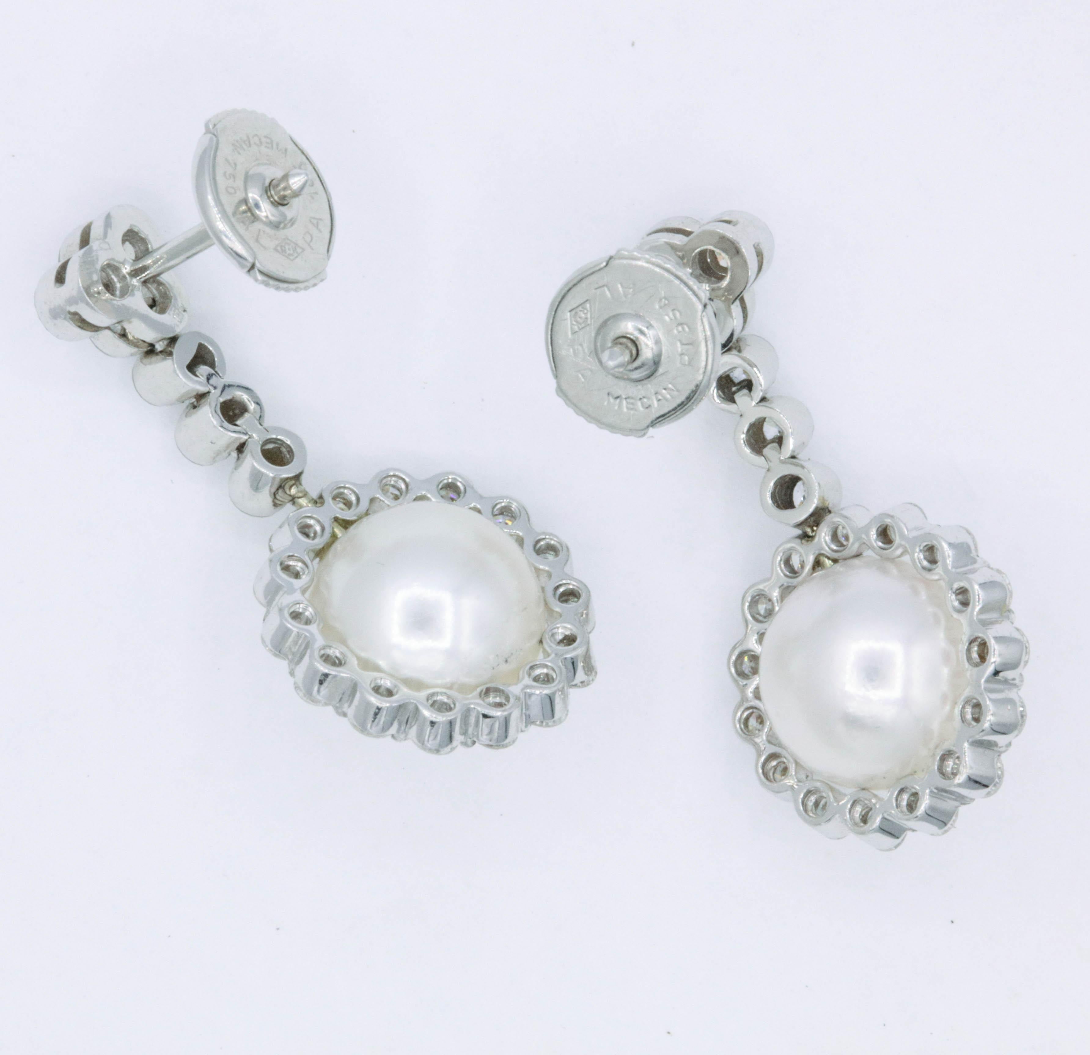 Diamond and Pearl Drop Earrings 1.55 Carat 18K White Gold In New Condition For Sale In New York, NY