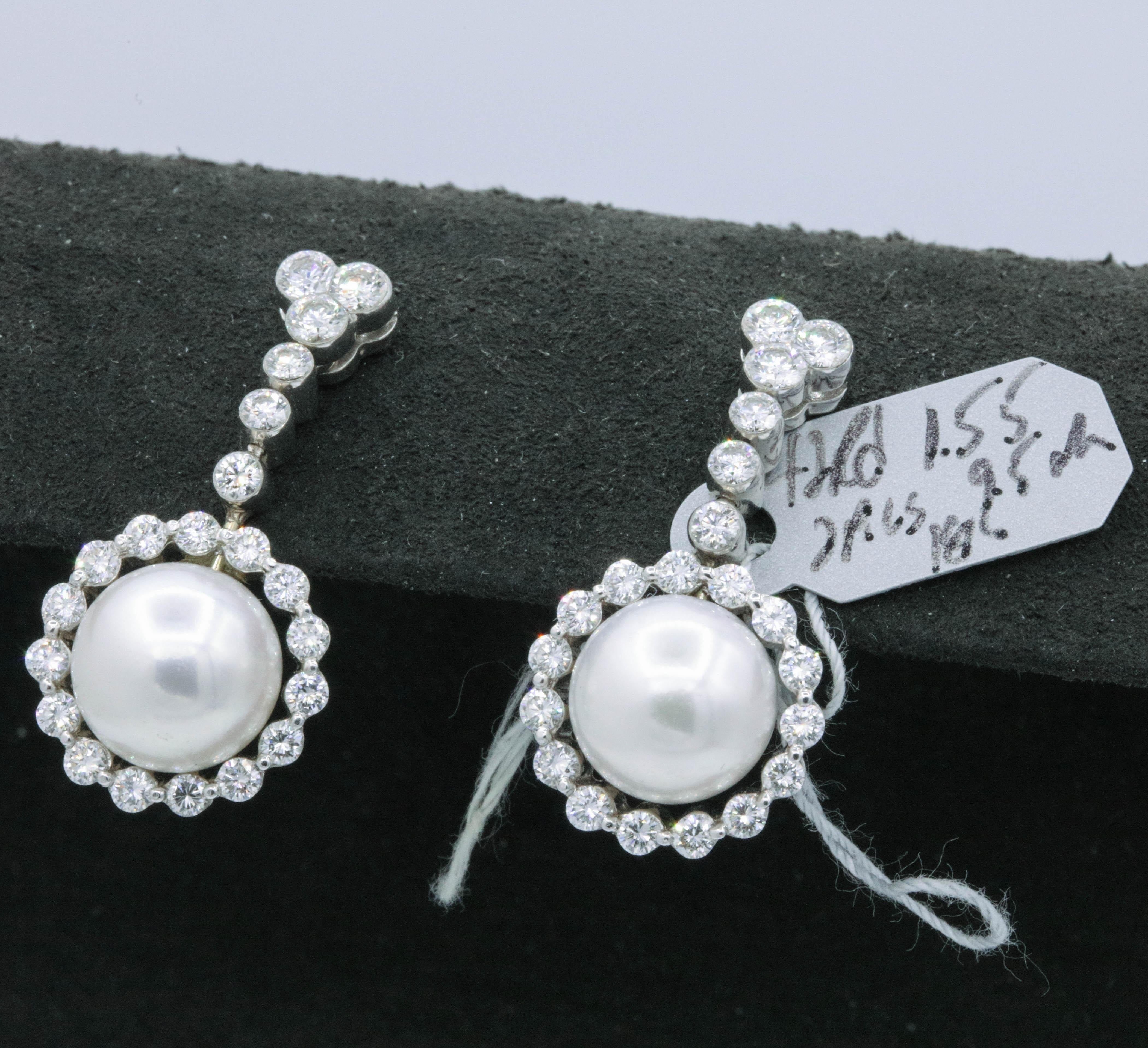 Women's Diamond and Pearl Drop Earrings 1.55 Carat 18K White Gold For Sale
