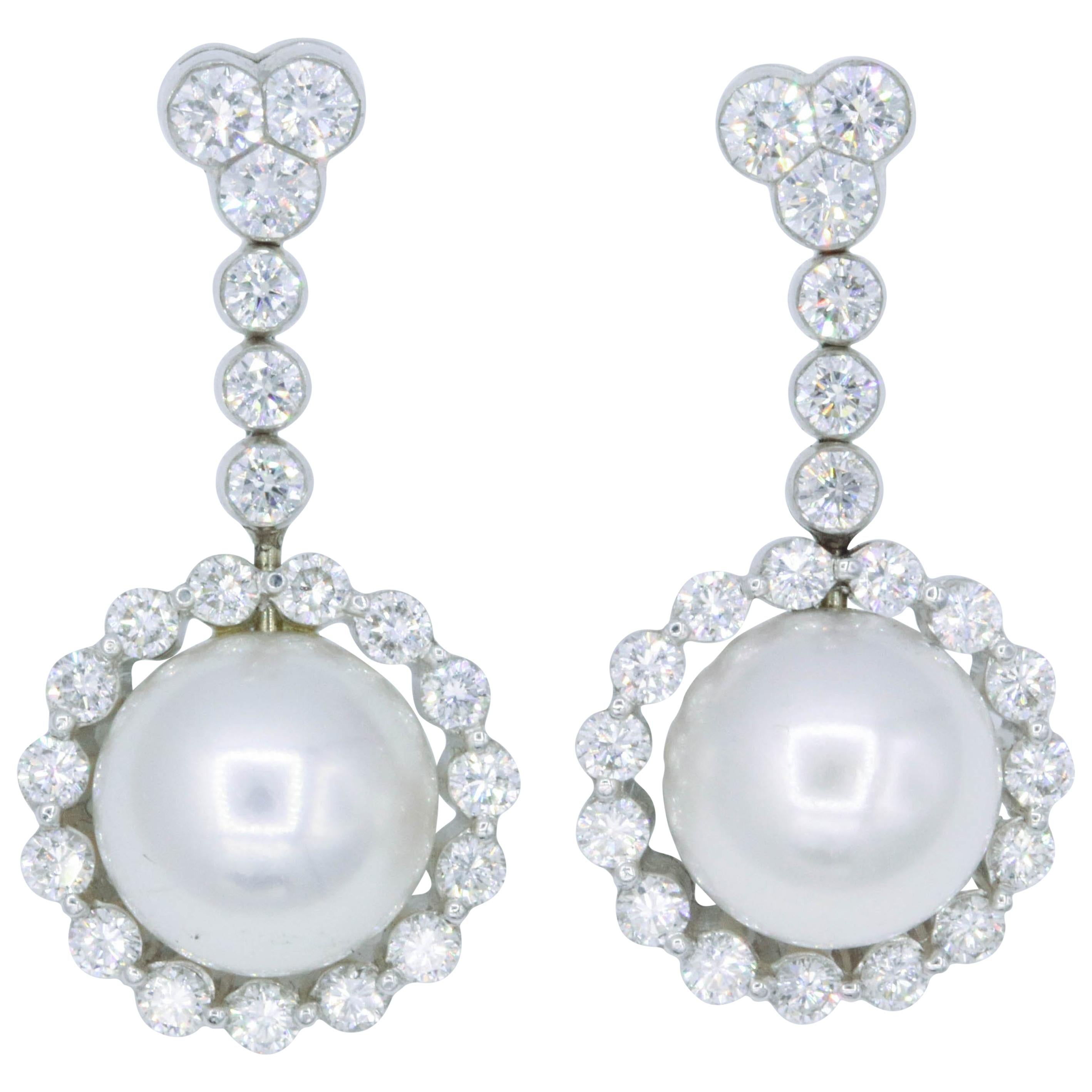 Diamond and Pearl Drop Earrings 1.55 Carat 18K White Gold For Sale