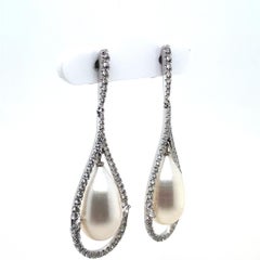 Diamond and Pearl Drop Earrings 18 Karat White Gold