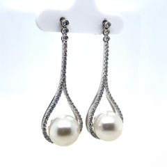 Diamond and Pearl Drop Earrings 18 Karat White Gold