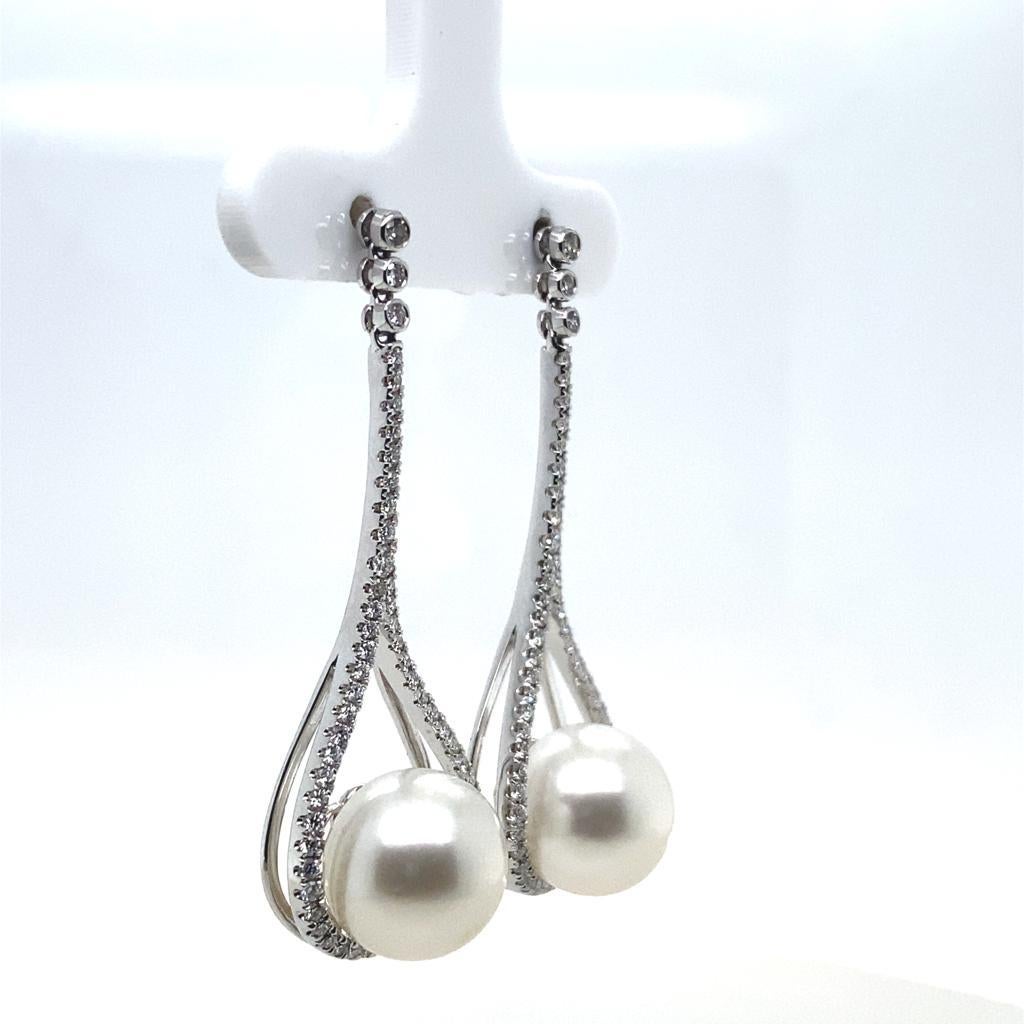 Modern Diamond and Pearl Drop Earrings 18 Karat White Gold For Sale