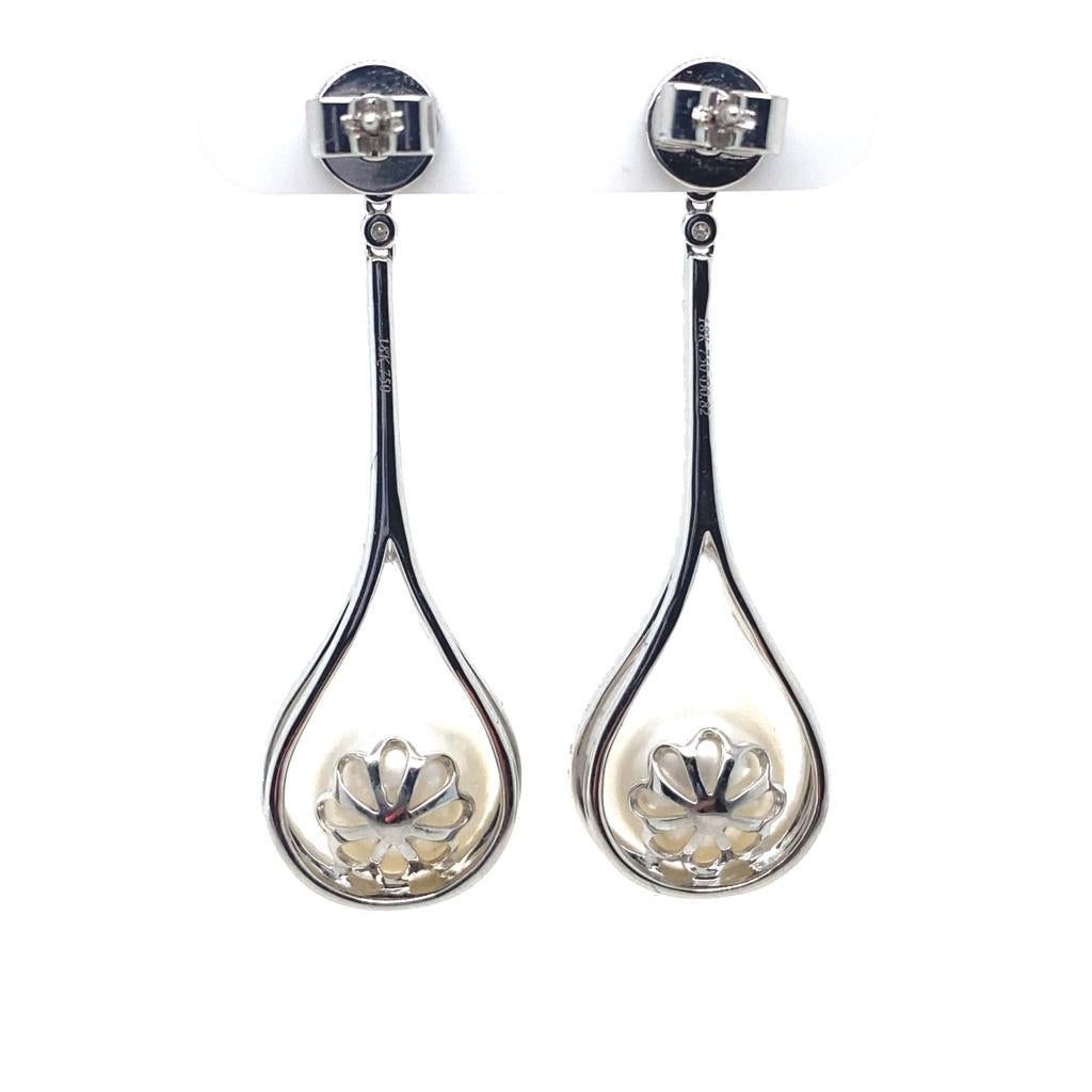 Women's Diamond and Pearl Drop Earrings 18 Karat White Gold For Sale