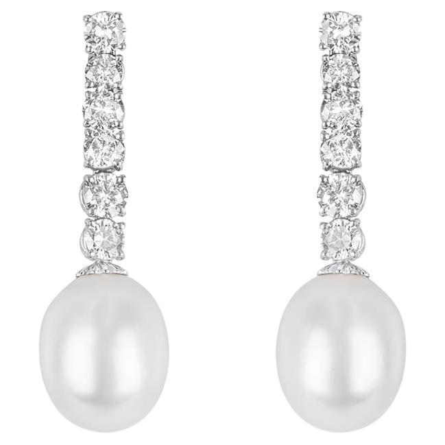 Diamond and Pearl Drop Earrings 1.90 Carat For Sale