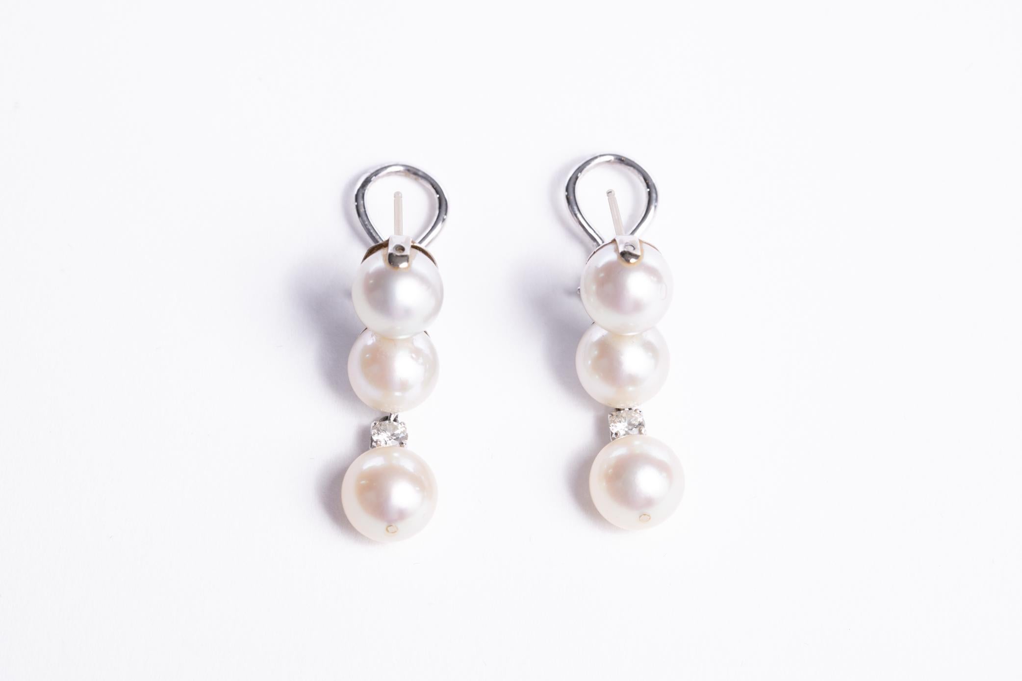 Retro Diamond and Pearl Drop Earrings For Sale