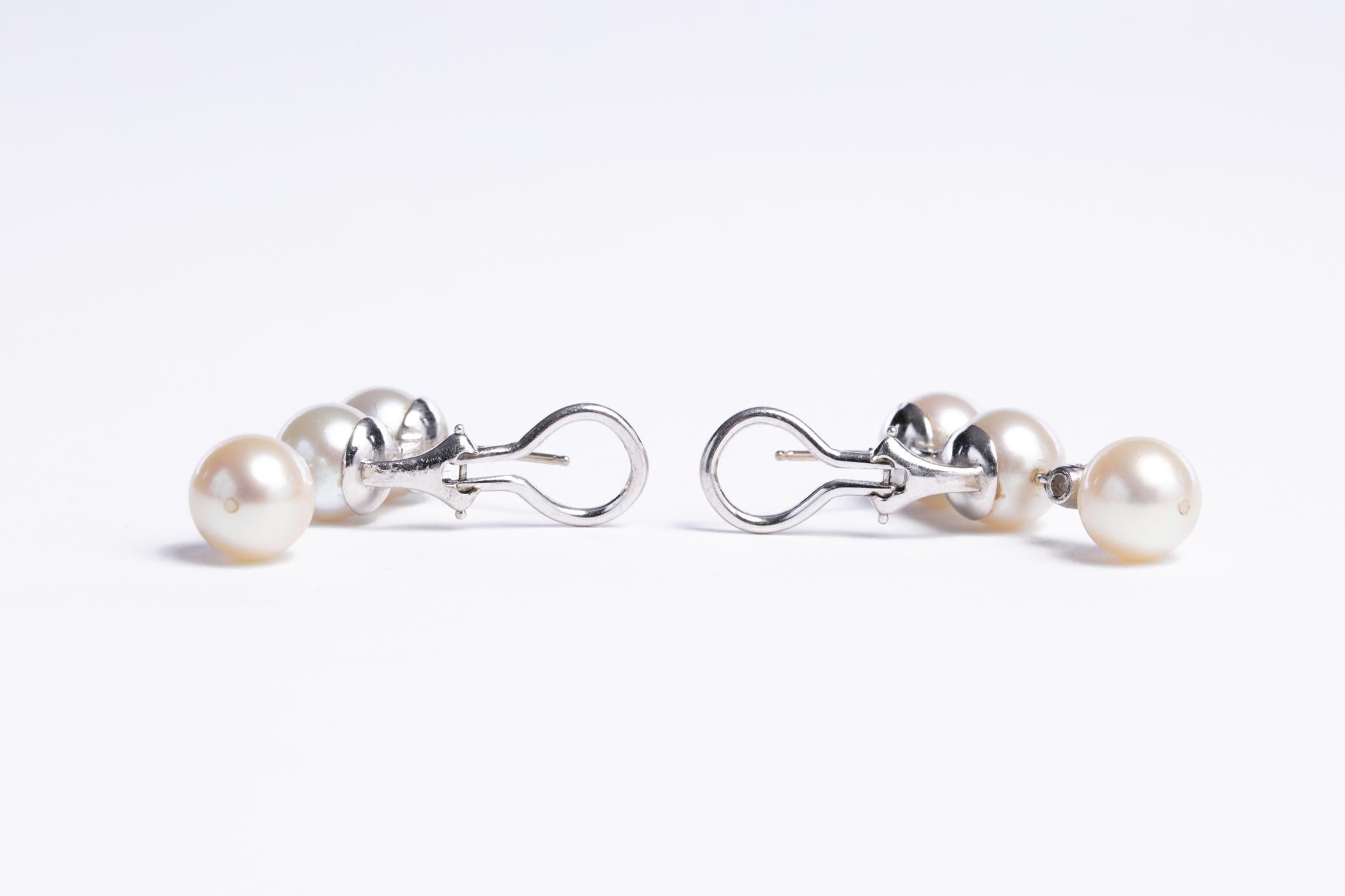 Round Cut Diamond and Pearl Drop Earrings For Sale