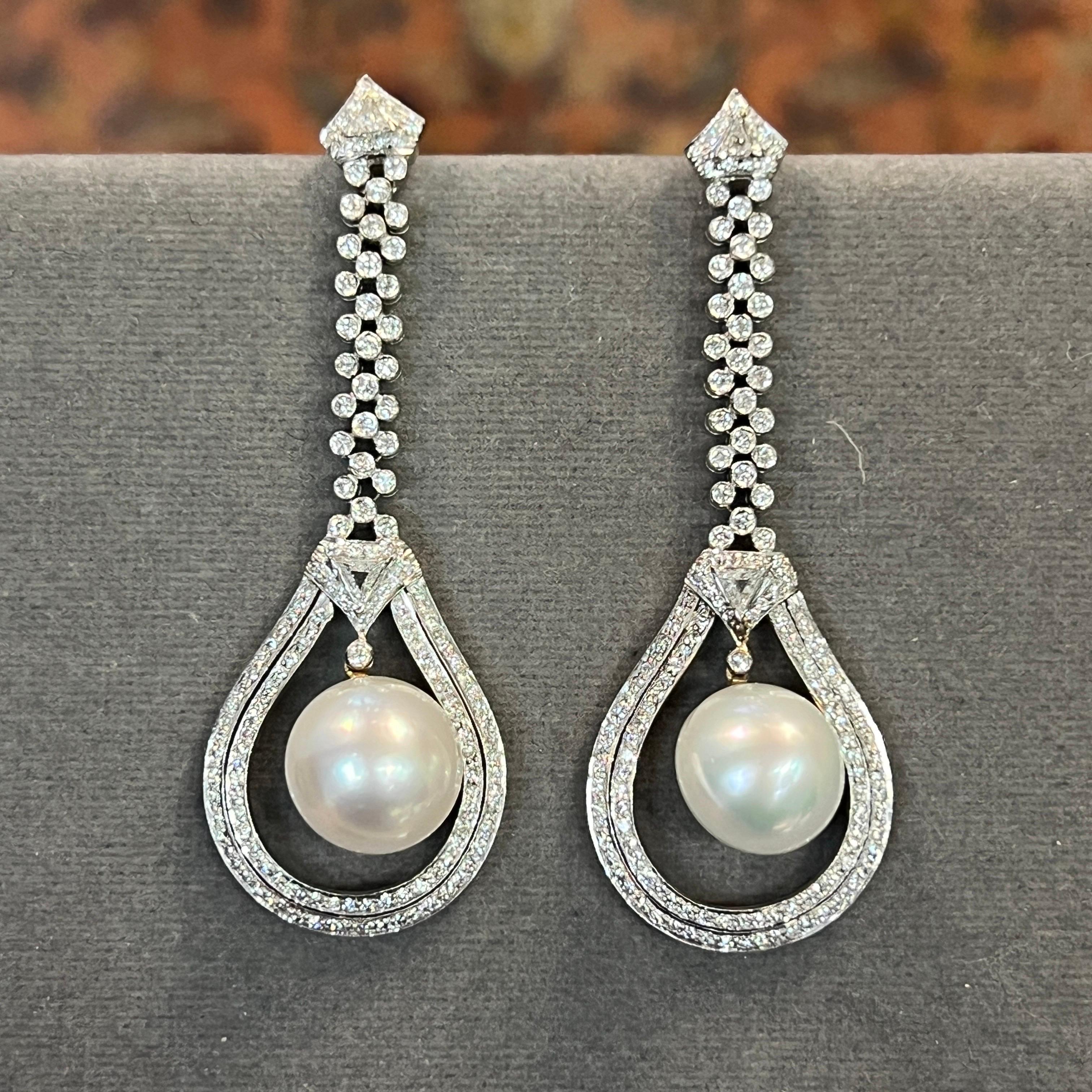 Diamond and Pearl Drop Earrings For Sale 2