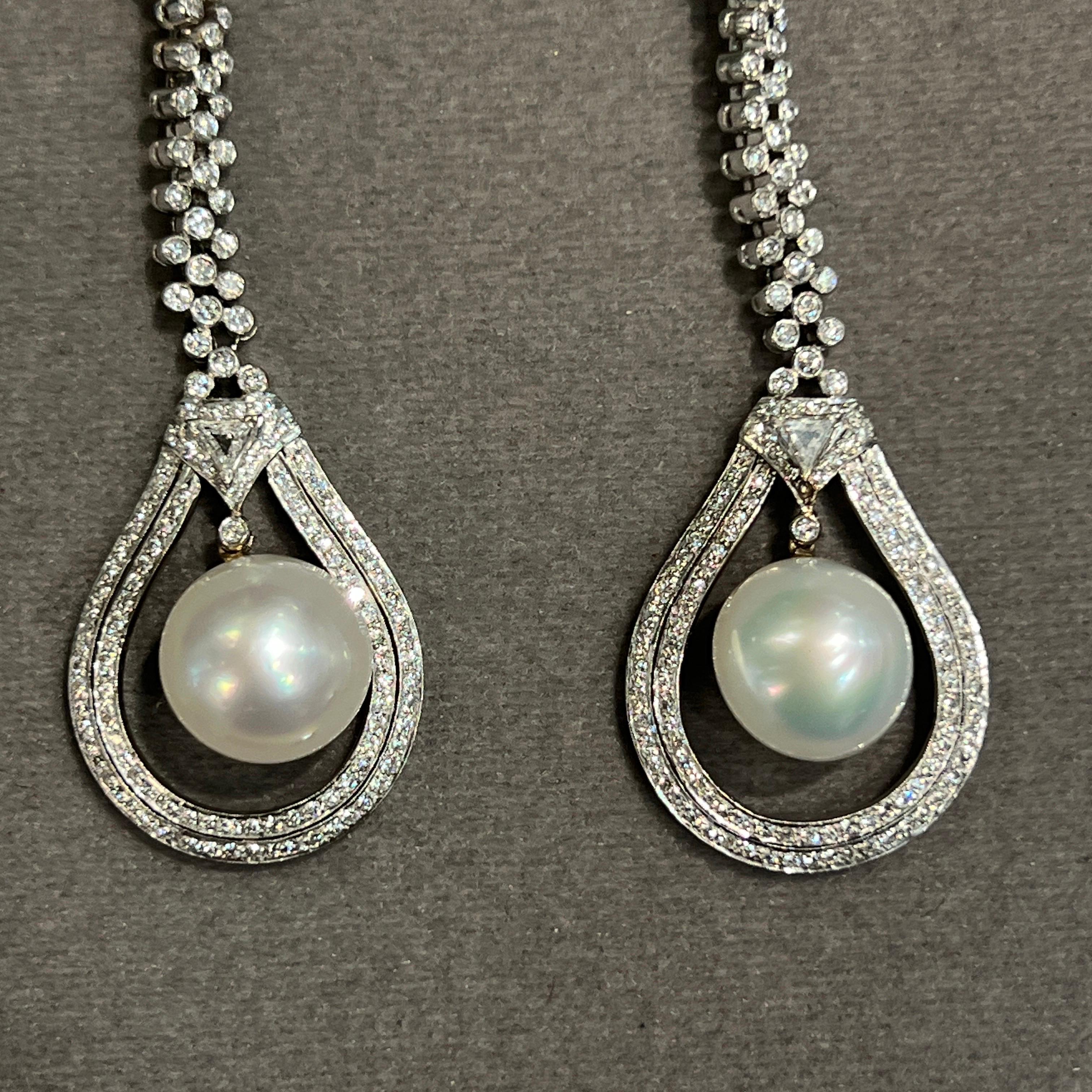 Diamond and Pearl Drop Earrings For Sale 3