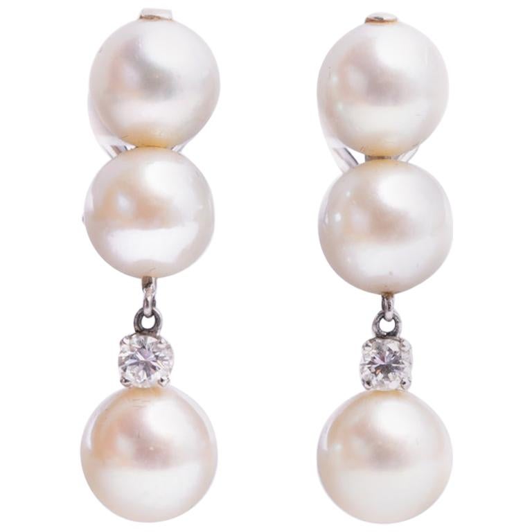 Diamond and Pearl Drop Earrings For Sale