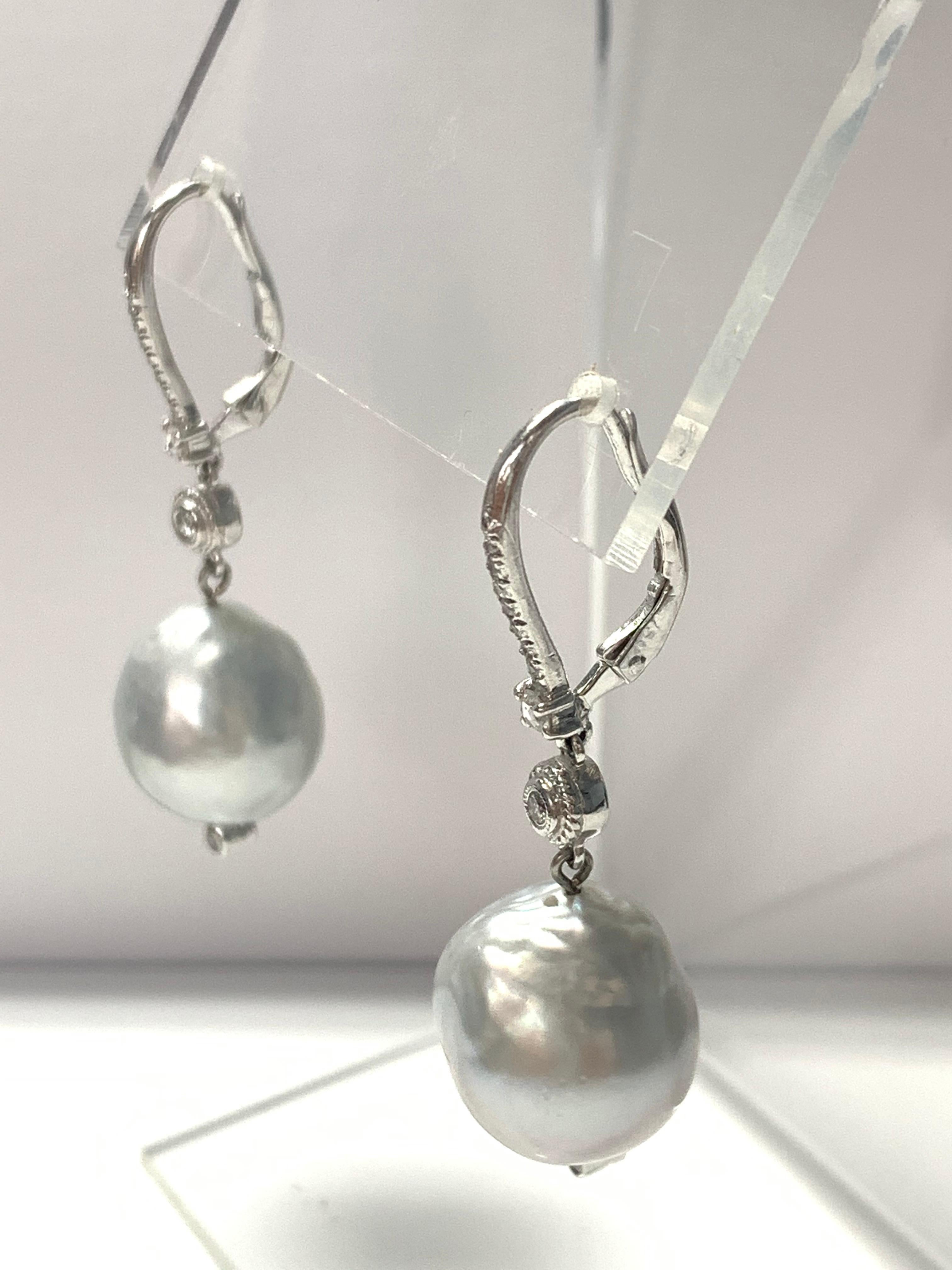 Contemporary Diamond and Pearl Drop Earrings in 18k White Gold For Sale