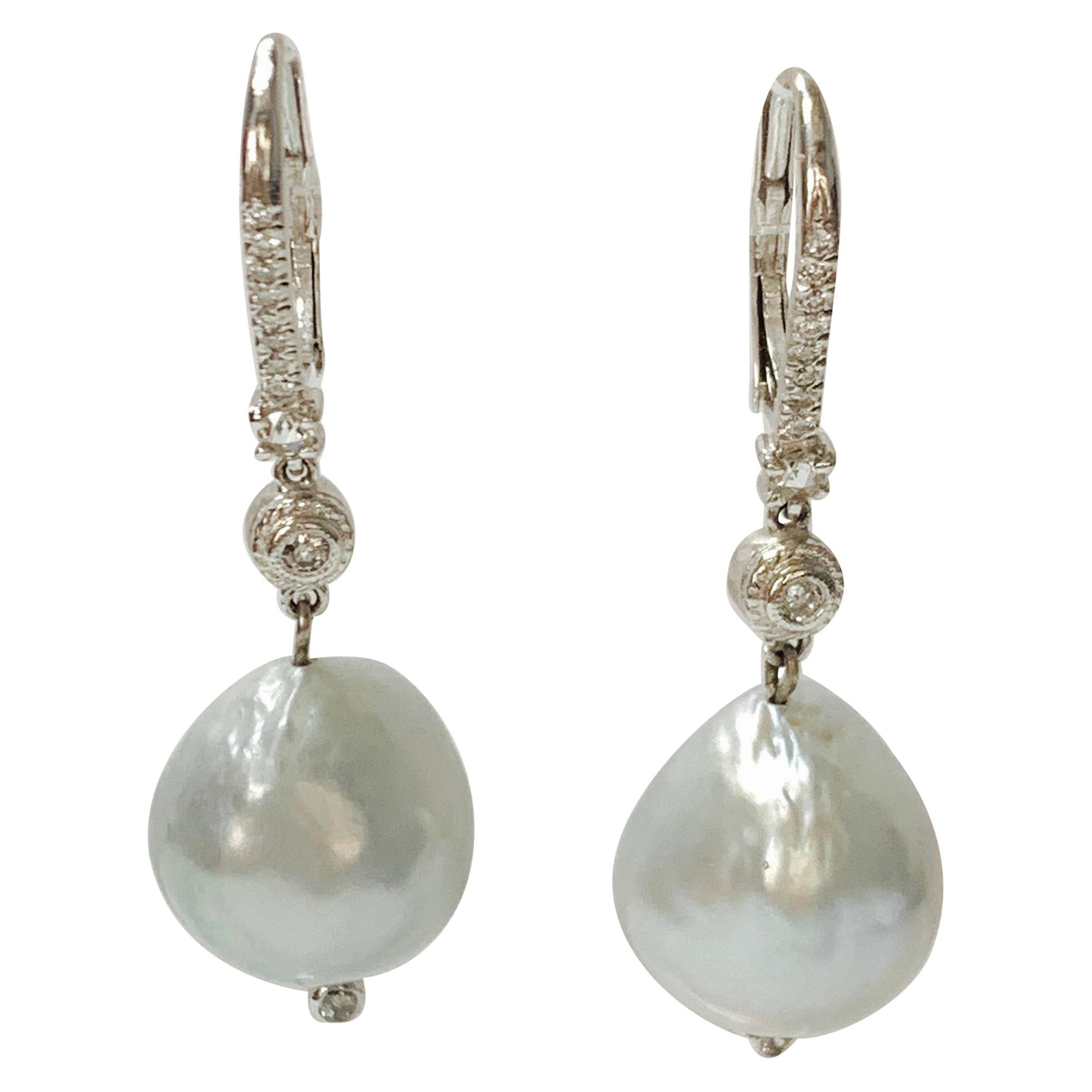 Diamond and Pearl Drop Earrings in 18k White Gold For Sale