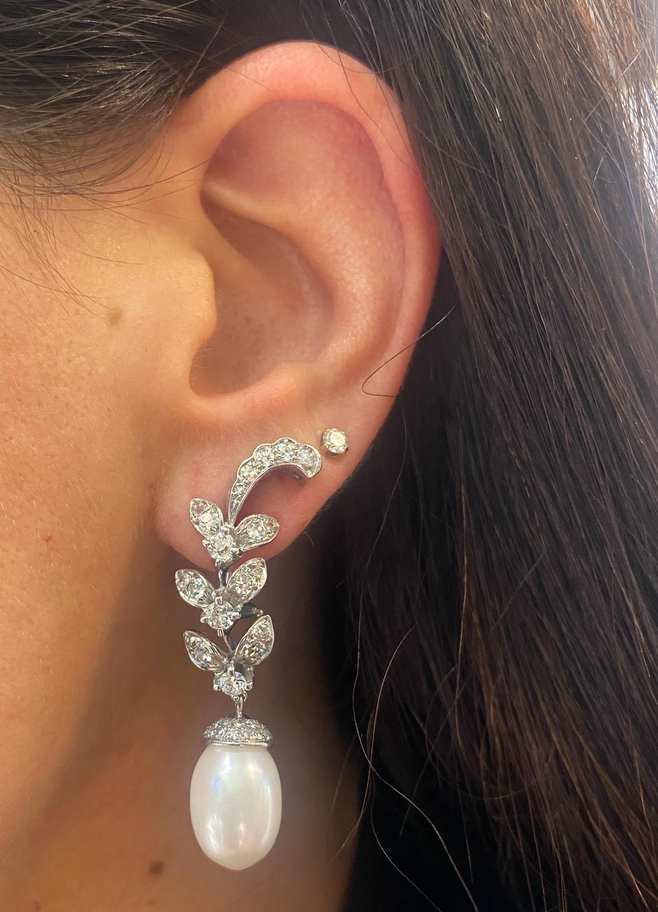 Diamond and Pearl Earrings 

Earrings featuring two cultured pearls adorned with diamonds. 

Approximate Length: 1.75