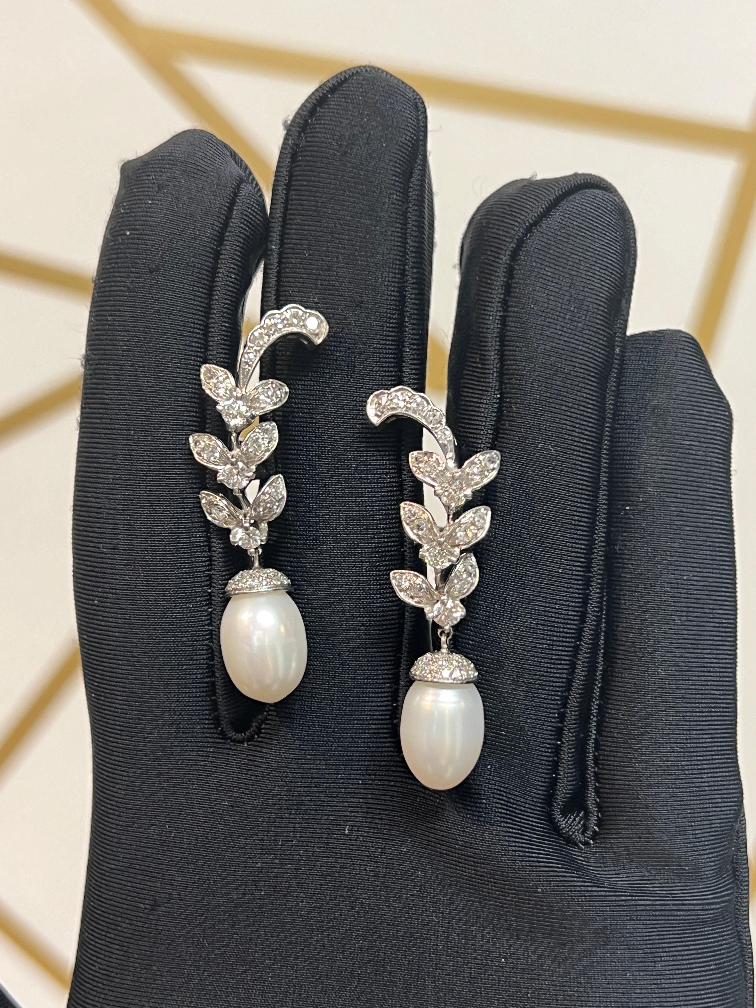 Mixed Cut Diamond and Pearl Earrings For Sale