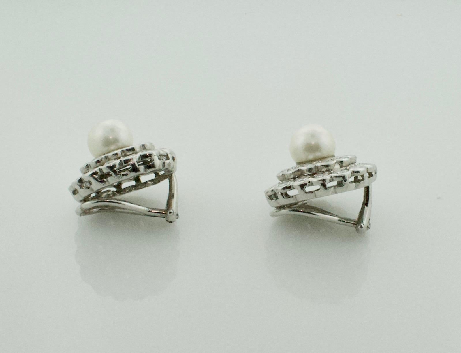 Round Cut Diamond and Pearl Earrings in Platinum, circa 1950s