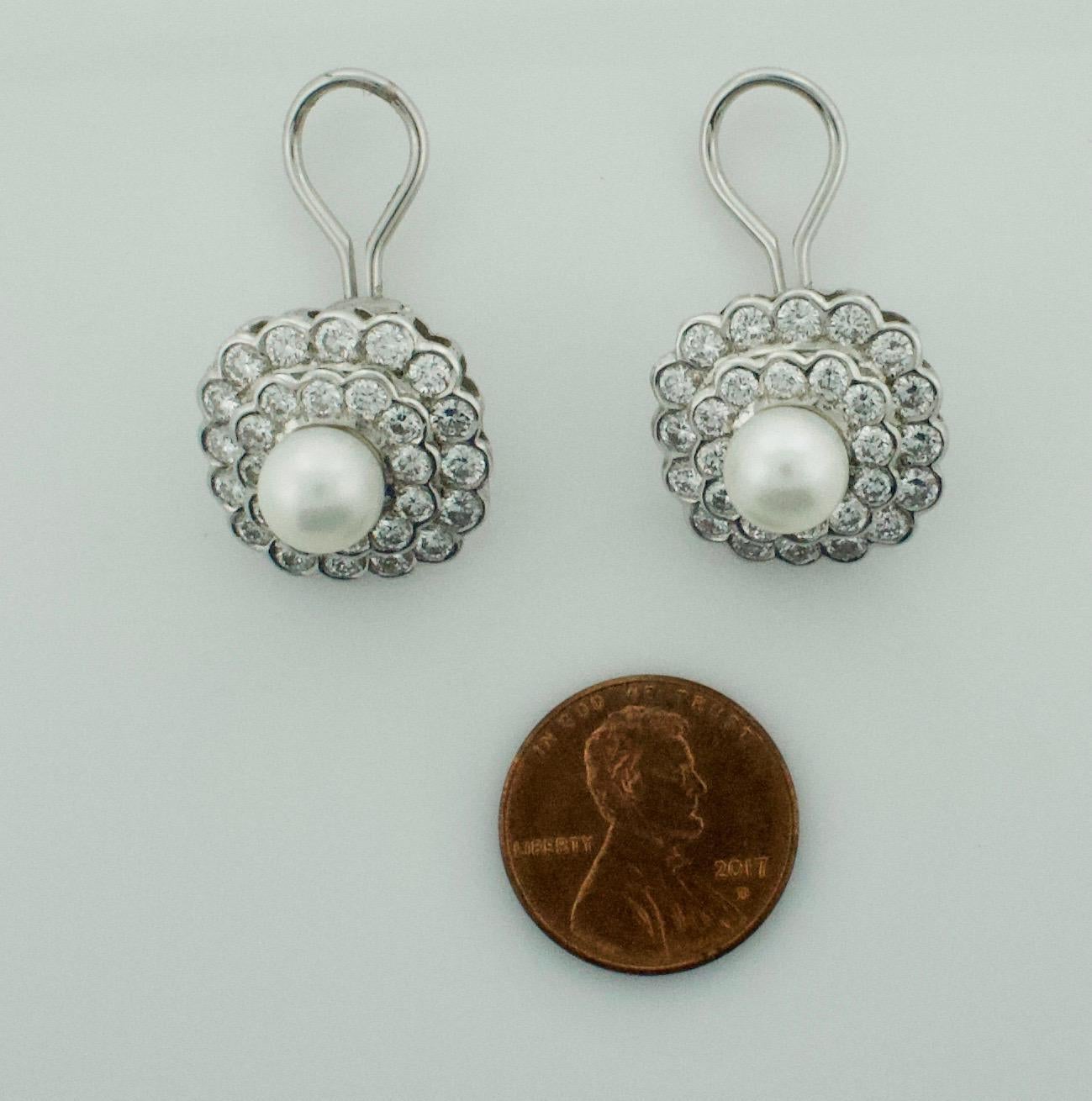 Women's or Men's Diamond and Pearl Earrings in Platinum, circa 1950s