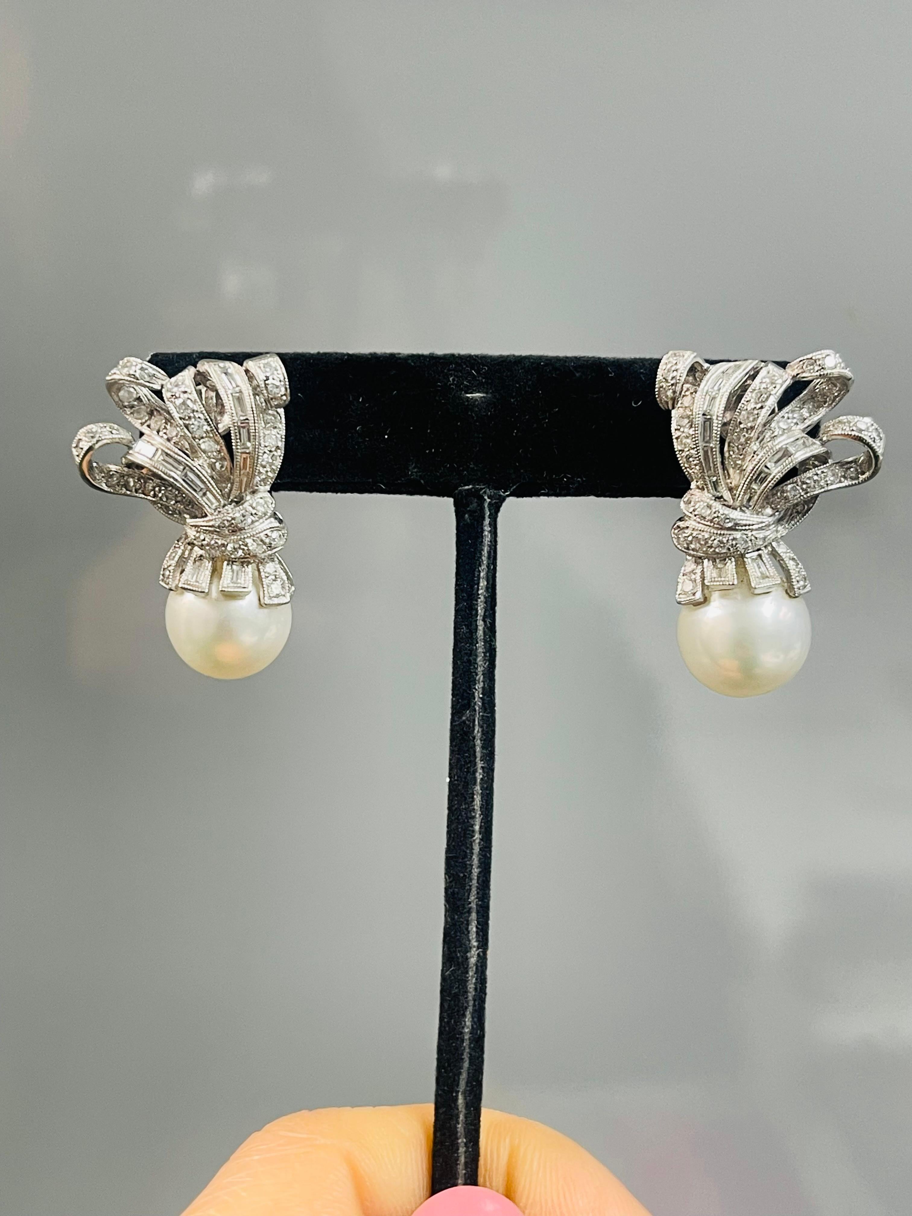 Contemporary Diamond and Pearl Earrings In Platinum. For Sale