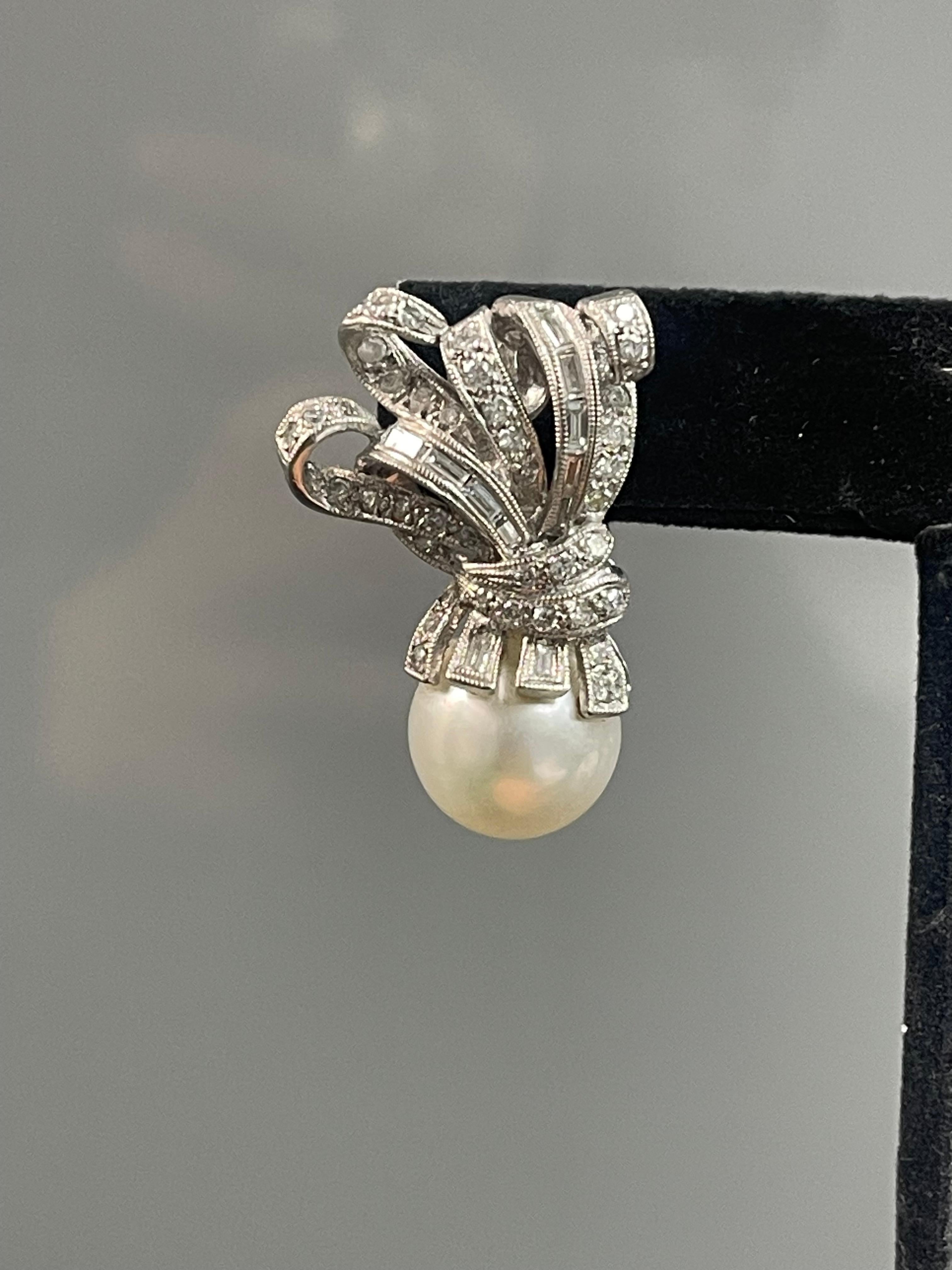 Round Cut Diamond and Pearl Earrings In Platinum. For Sale