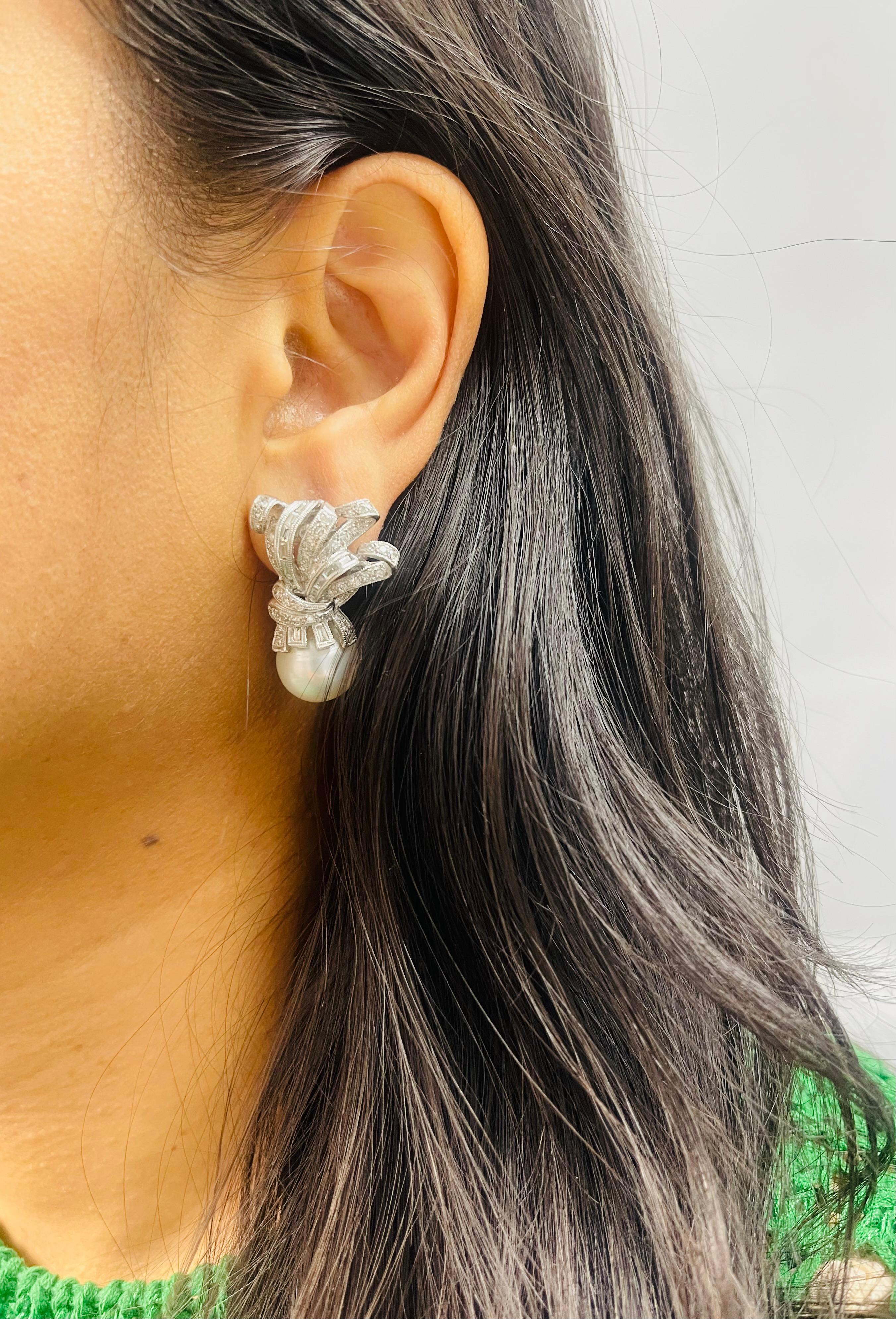 Diamond and Pearl Earrings In Platinum. For Sale 1