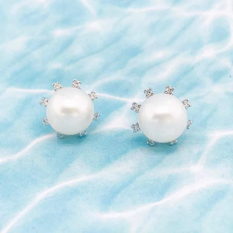 Contemporary Diamond Pearl Earrings Studs, White Gold, Diamond Stationed Halo For Sale