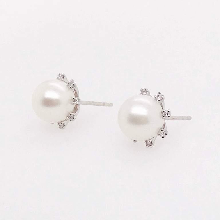 Round Cut Diamond Pearl Earrings Studs, White Gold, Diamond Stationed Halo For Sale