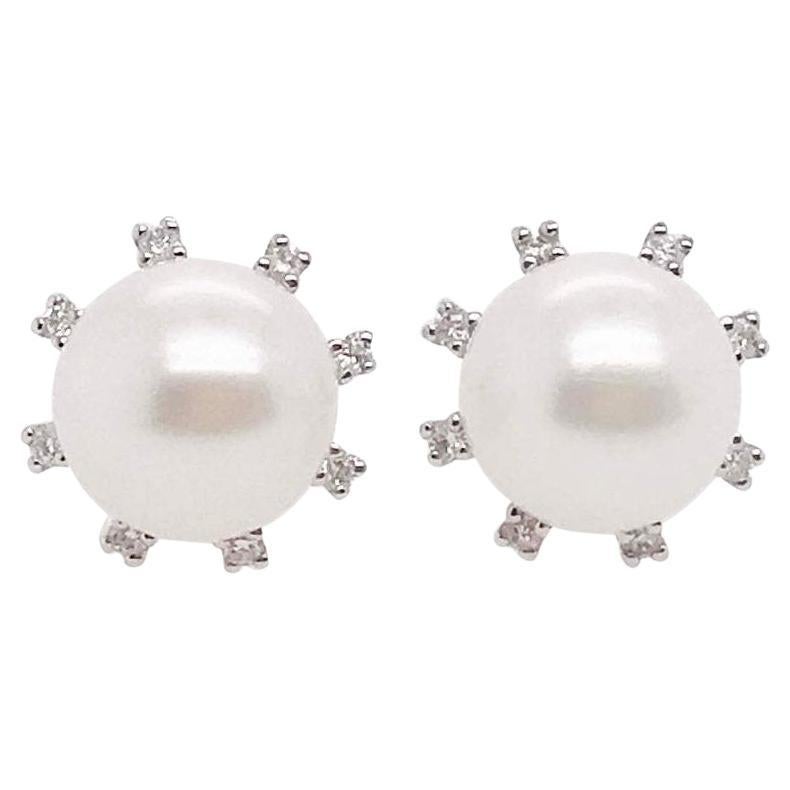 Diamond Pearl Earrings Studs, White Gold, Diamond Stationed Halo For Sale