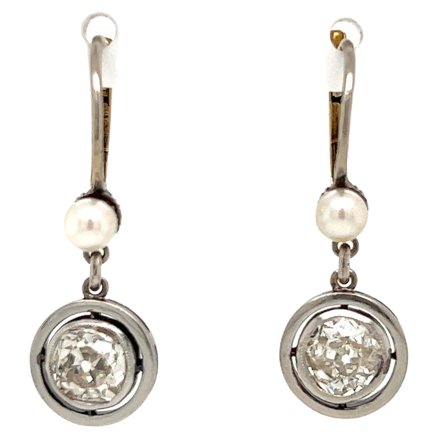 Diamond and Pearl Edwardian Platinum Drop Earrings Estate Fine Jewelry