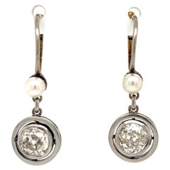 Antique Diamond and Pearl Edwardian Platinum Drop Earrings Estate Fine Jewelry