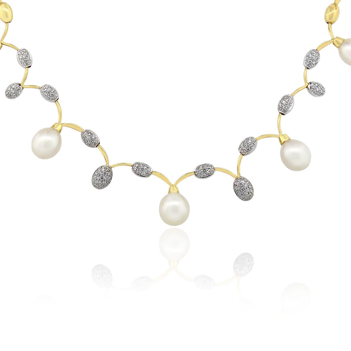 Gemstone Details: Pearls, 9mm to 10mm.
Diamond Details: Diamonds are G/H in color and VS in clarity
Necklace Measurements: 18