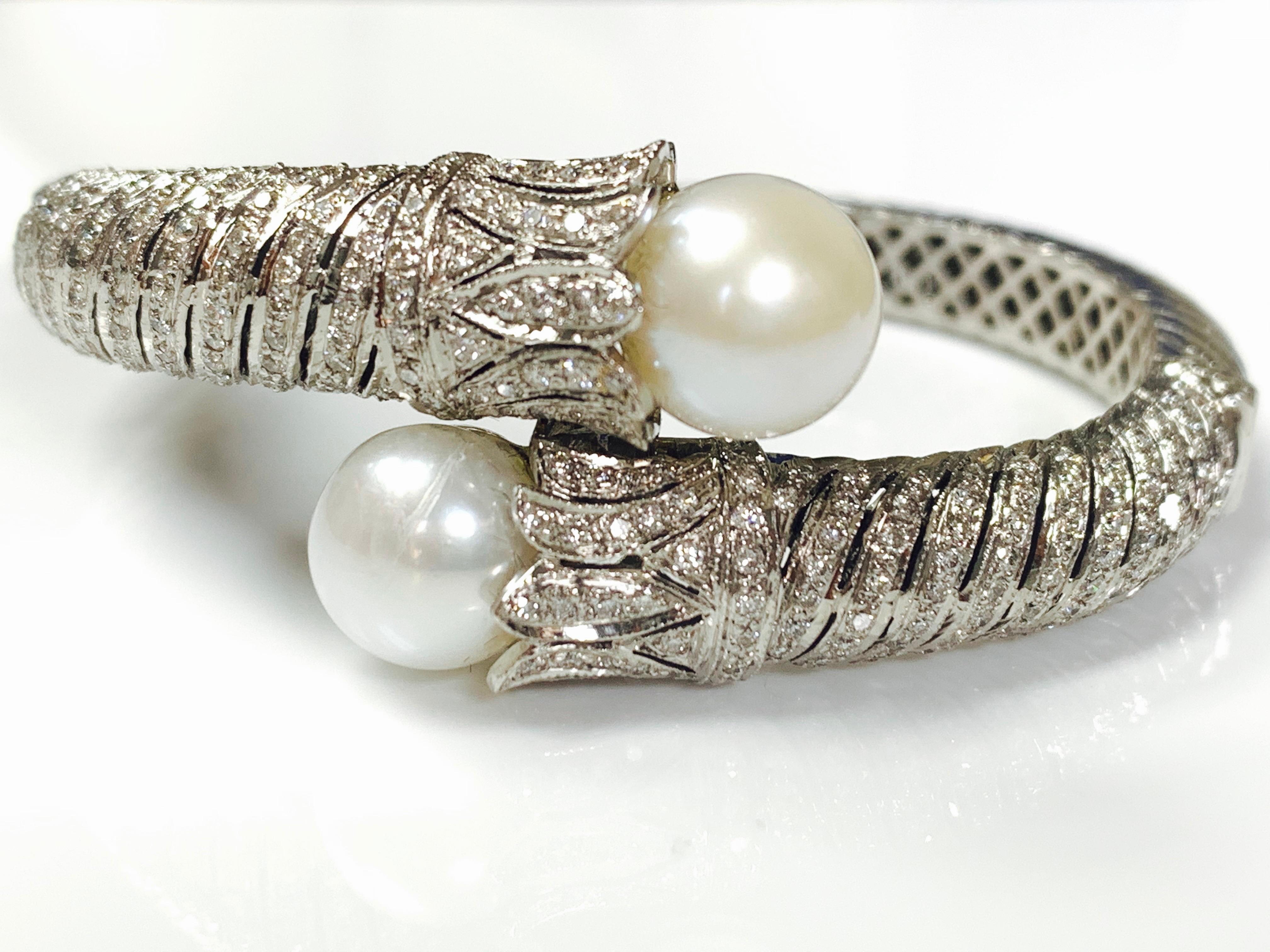 Contemporary Diamond and Pearl Flexible Bangle in 18 Karat White Gold
