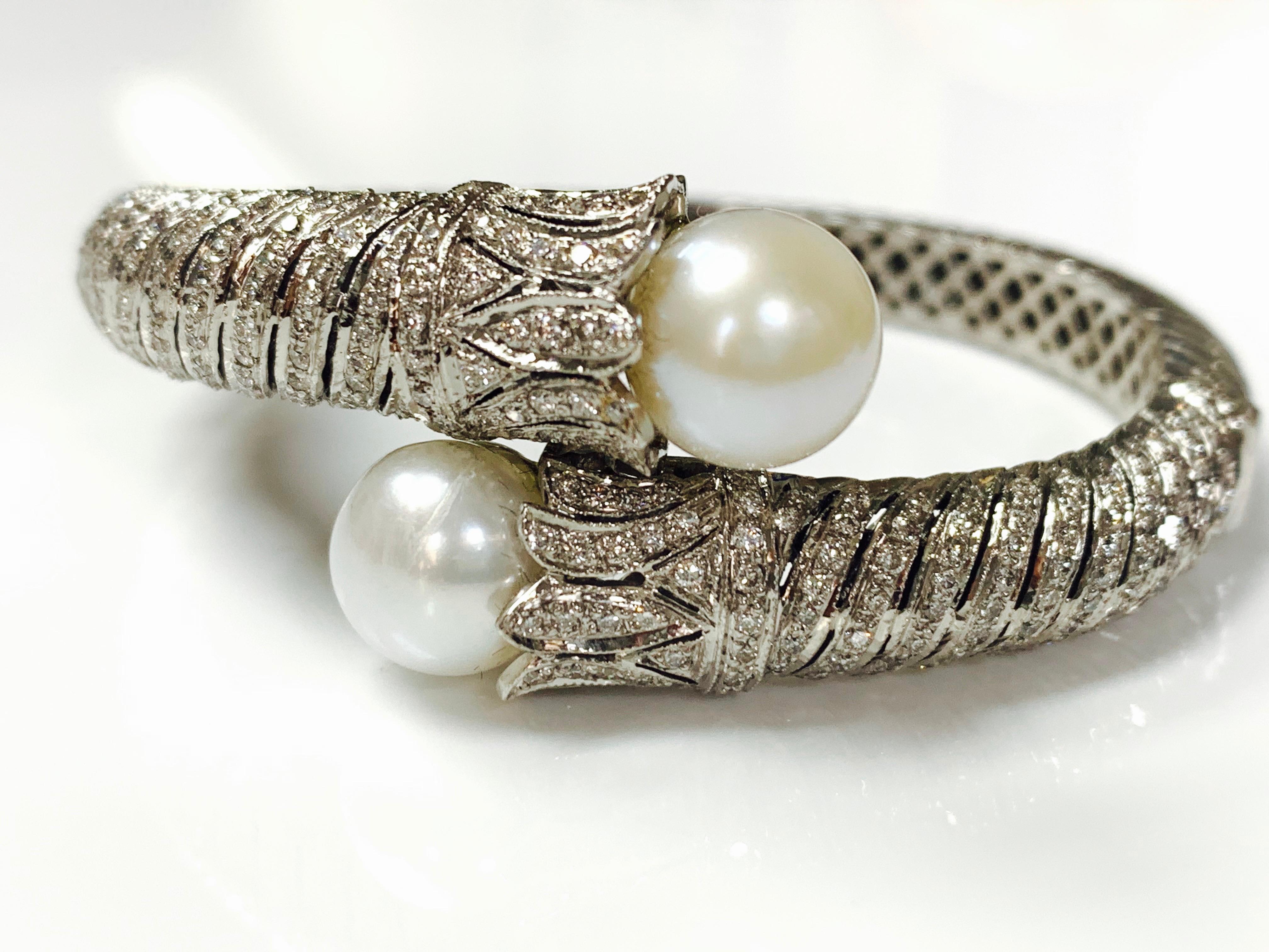 Women's or Men's Diamond and Pearl Flexible Bangle in 18 Karat White Gold