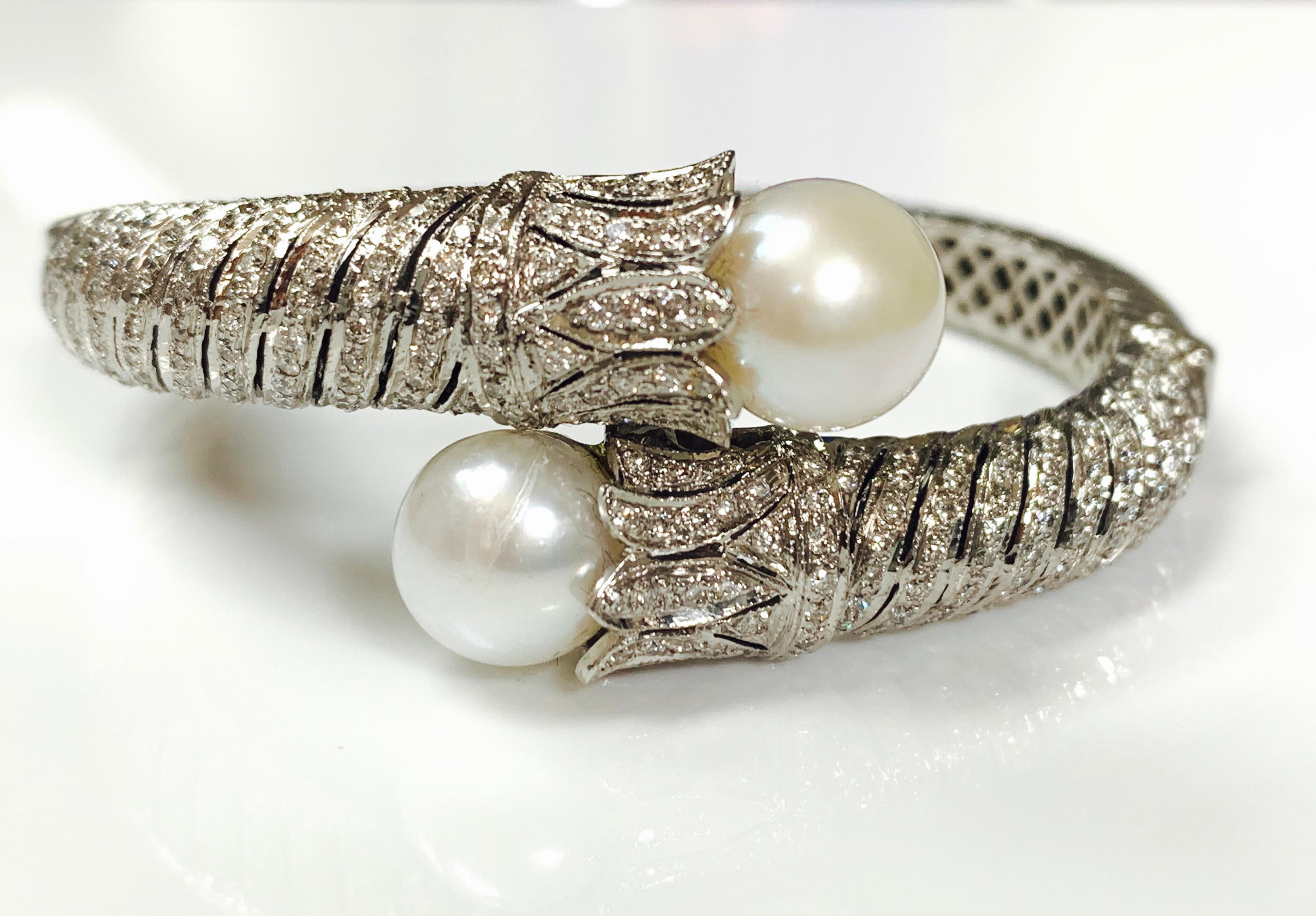 Diamond and Pearl Flexible Bangle in 18 Karat White Gold 1