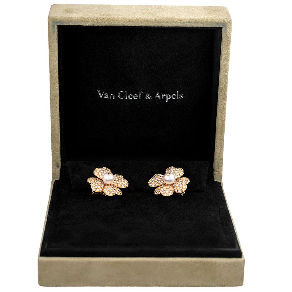 Diamond and Pearl Flower Earrings, Signed “Van Cleef & Arpels” In Good Condition In Carmel-by-the-Sea, CA