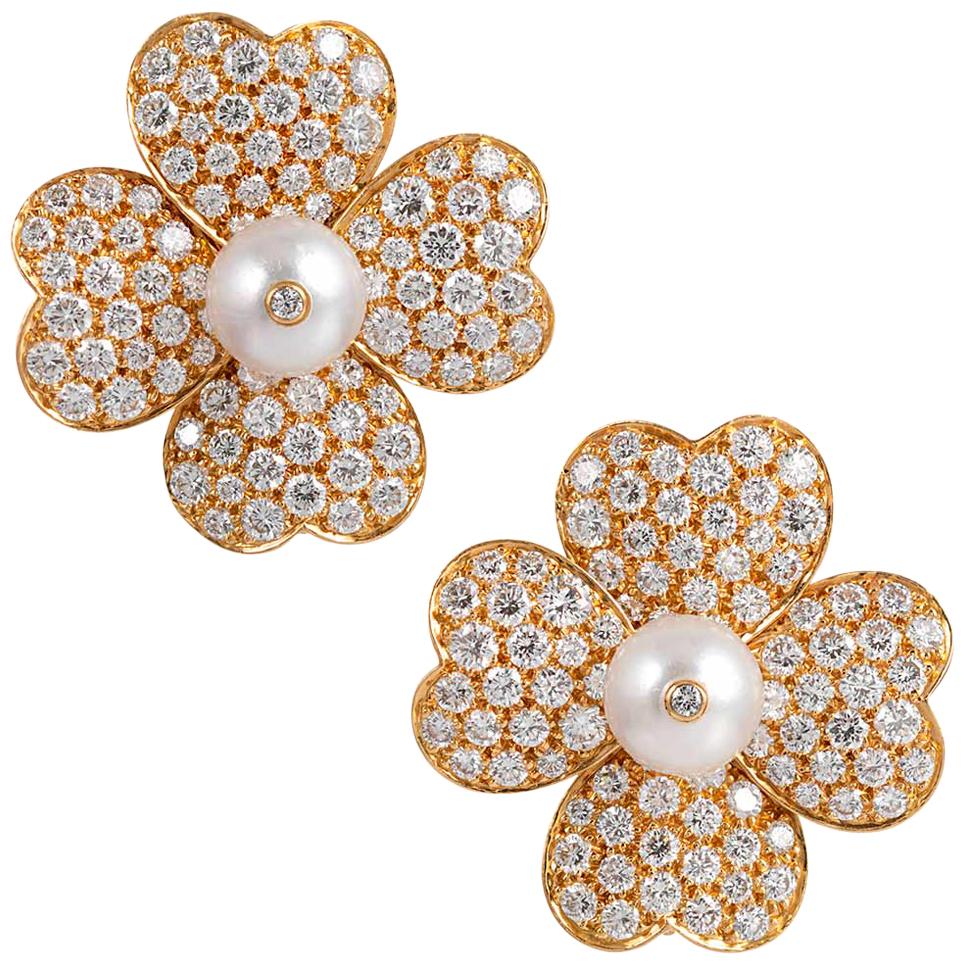 Diamond and Pearl Flower Earrings, Signed “Van Cleef & Arpels”