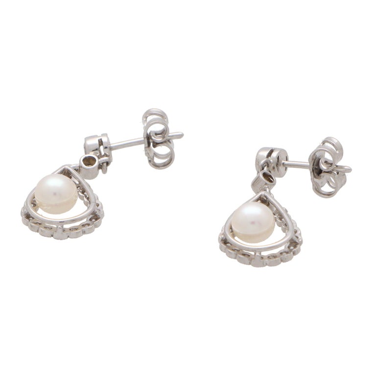 Round Cut Diamond and Pearl Garland Drop Dangle Earrings in 18k White Gold