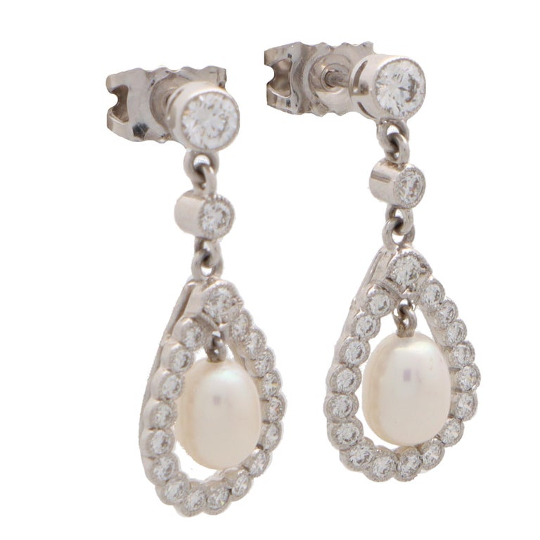 Women's or Men's Diamond and Pearl Garland Drop Dangle Earrings in 18k White Gold