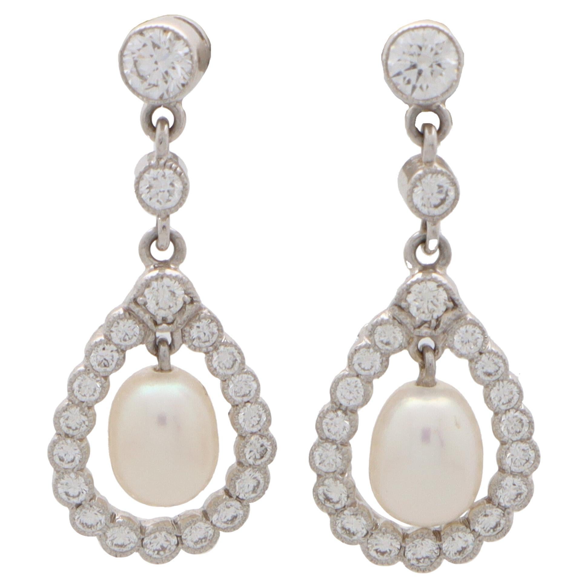 Diamond and Pearl Garland Drop Dangle Earrings in 18k White Gold