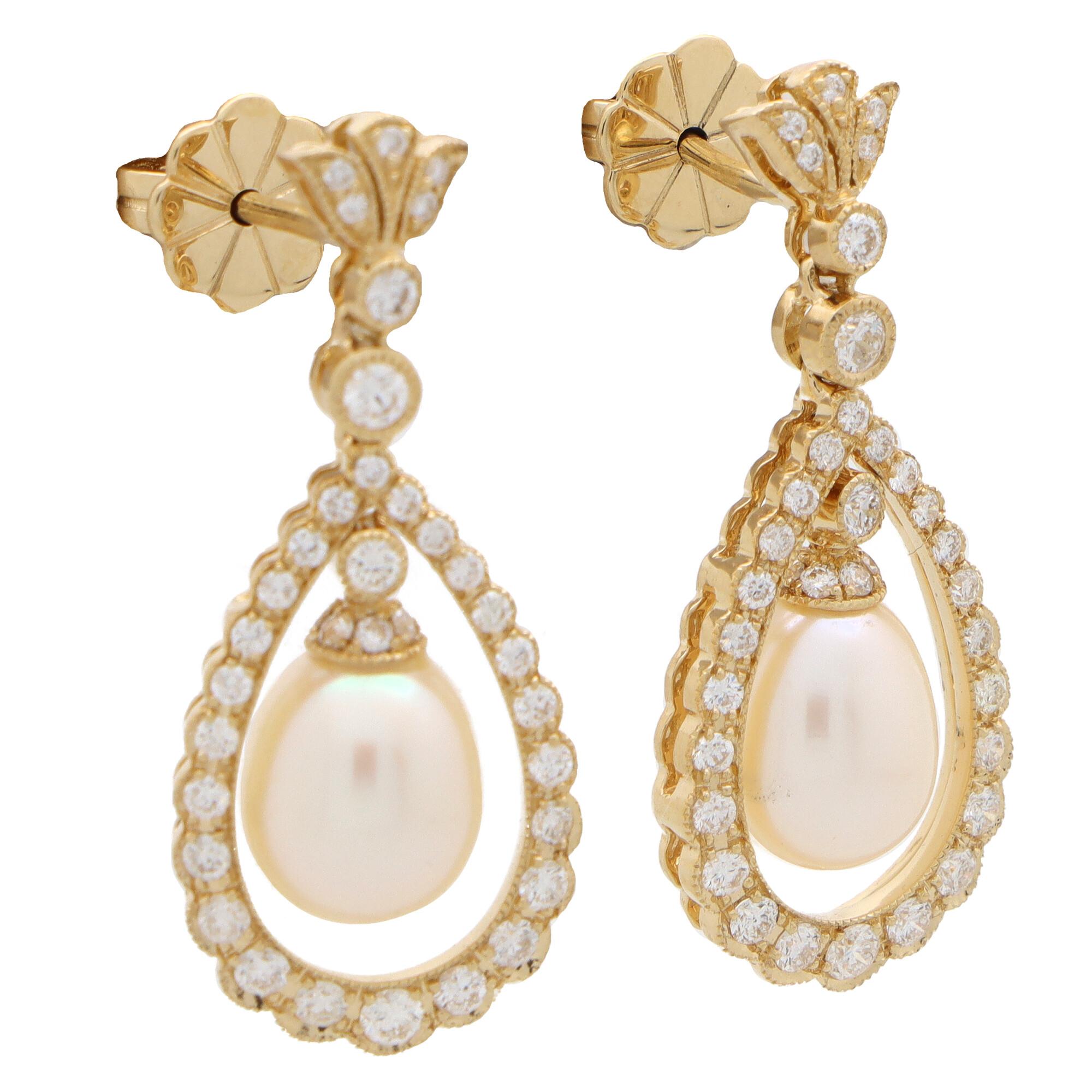Modern Diamond and Pearl Garland Drop Earrings Set in 18k Yellow Gold