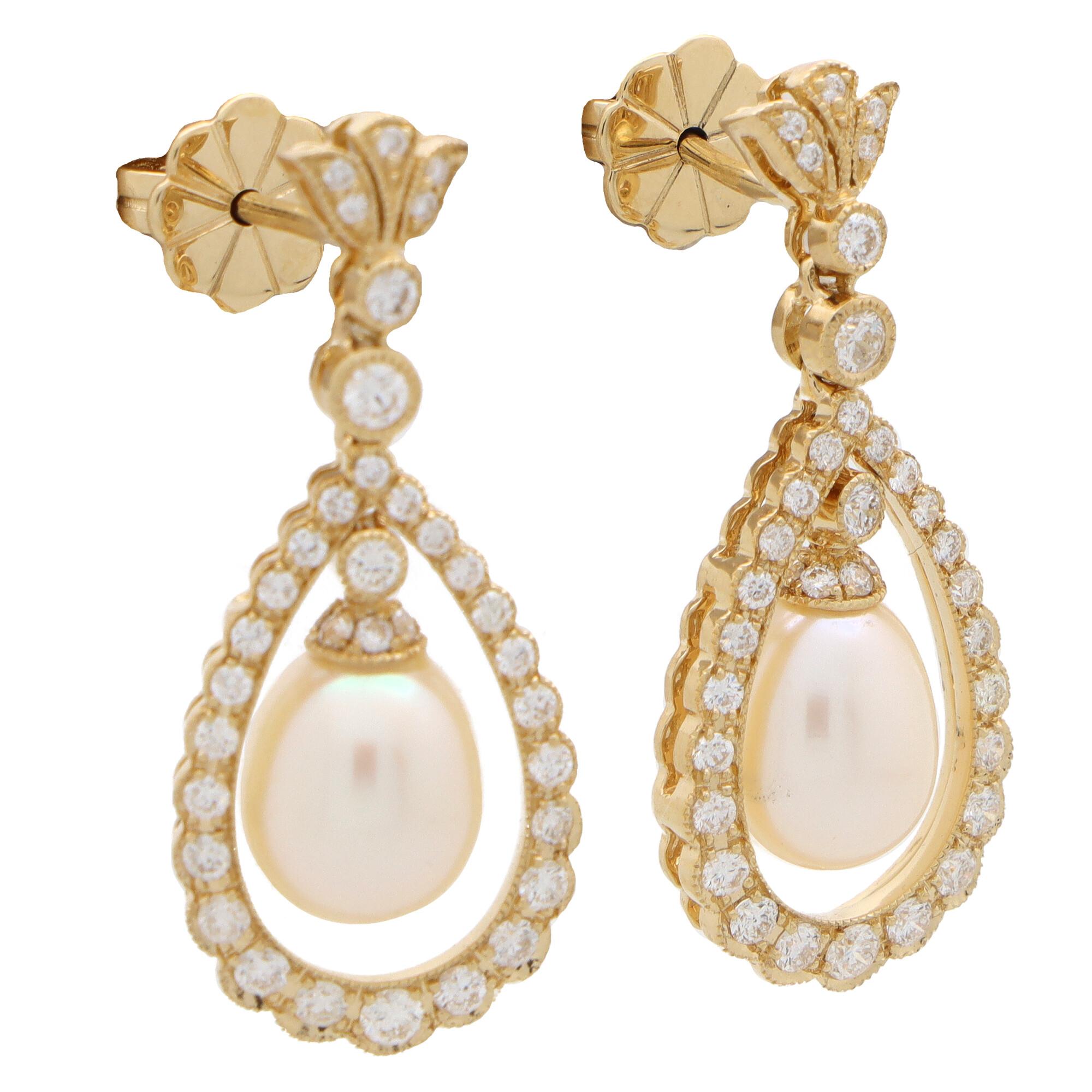 Modern Diamond and Pearl Garland Drop Earrings Set in 18k Yellow Gold For Sale