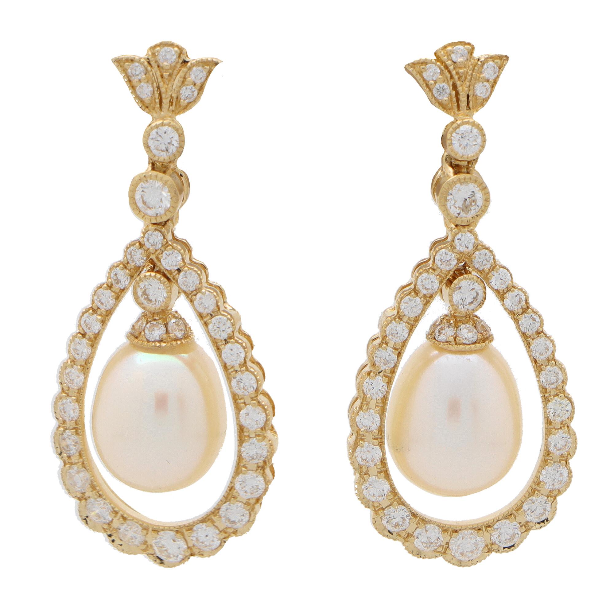 Round Cut Diamond and Pearl Garland Drop Earrings Set in 18k Yellow Gold For Sale