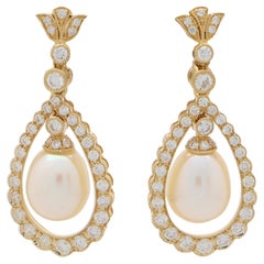 Diamond and Pearl Garland Drop Earrings Set in 18k Yellow Gold